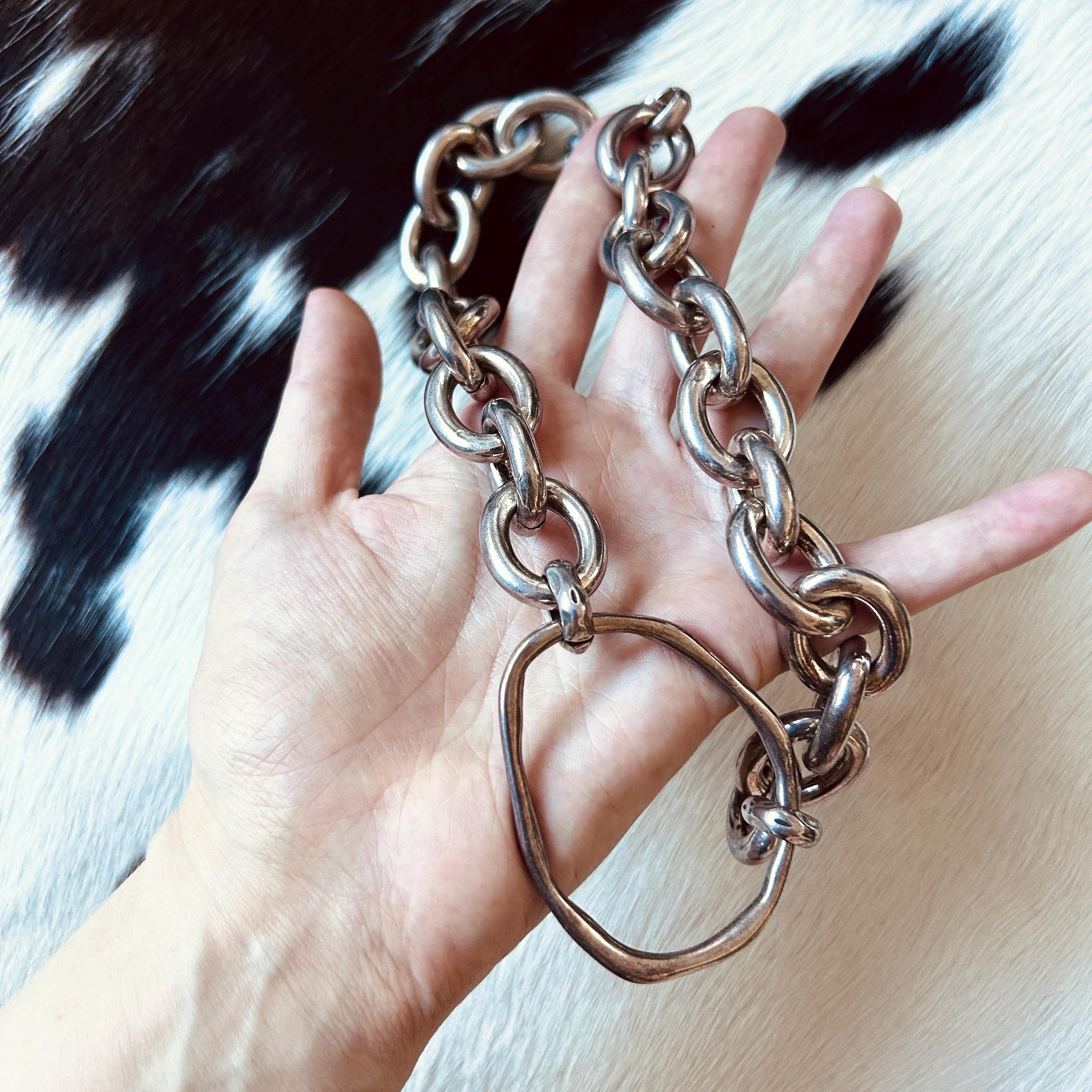 Huge chunky sterling silver plated chain necklace organic pendant - image 5