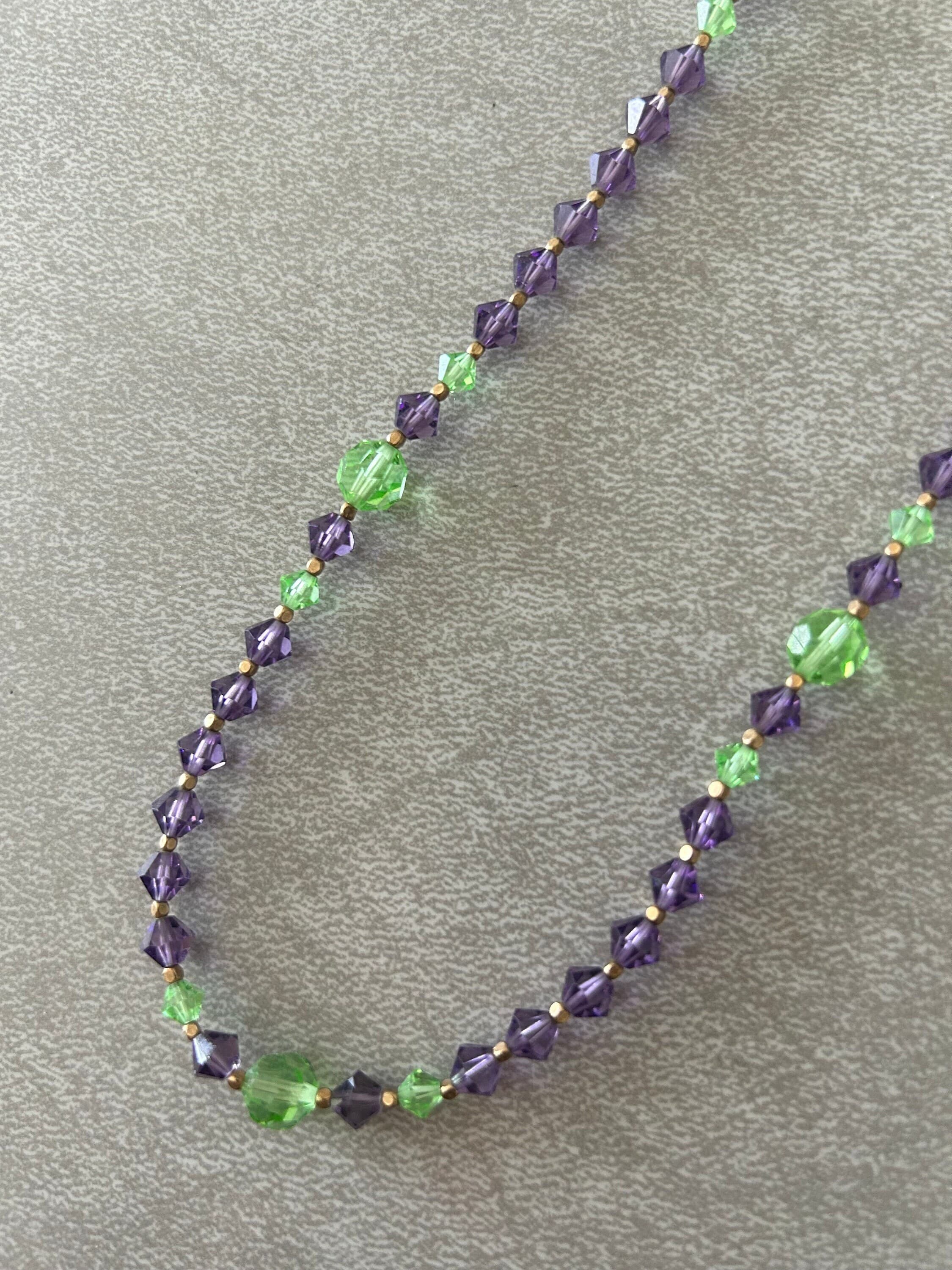 Vintage 1930s Art Deco Crystal Necklace: Purple & Green Swarovski, 18"