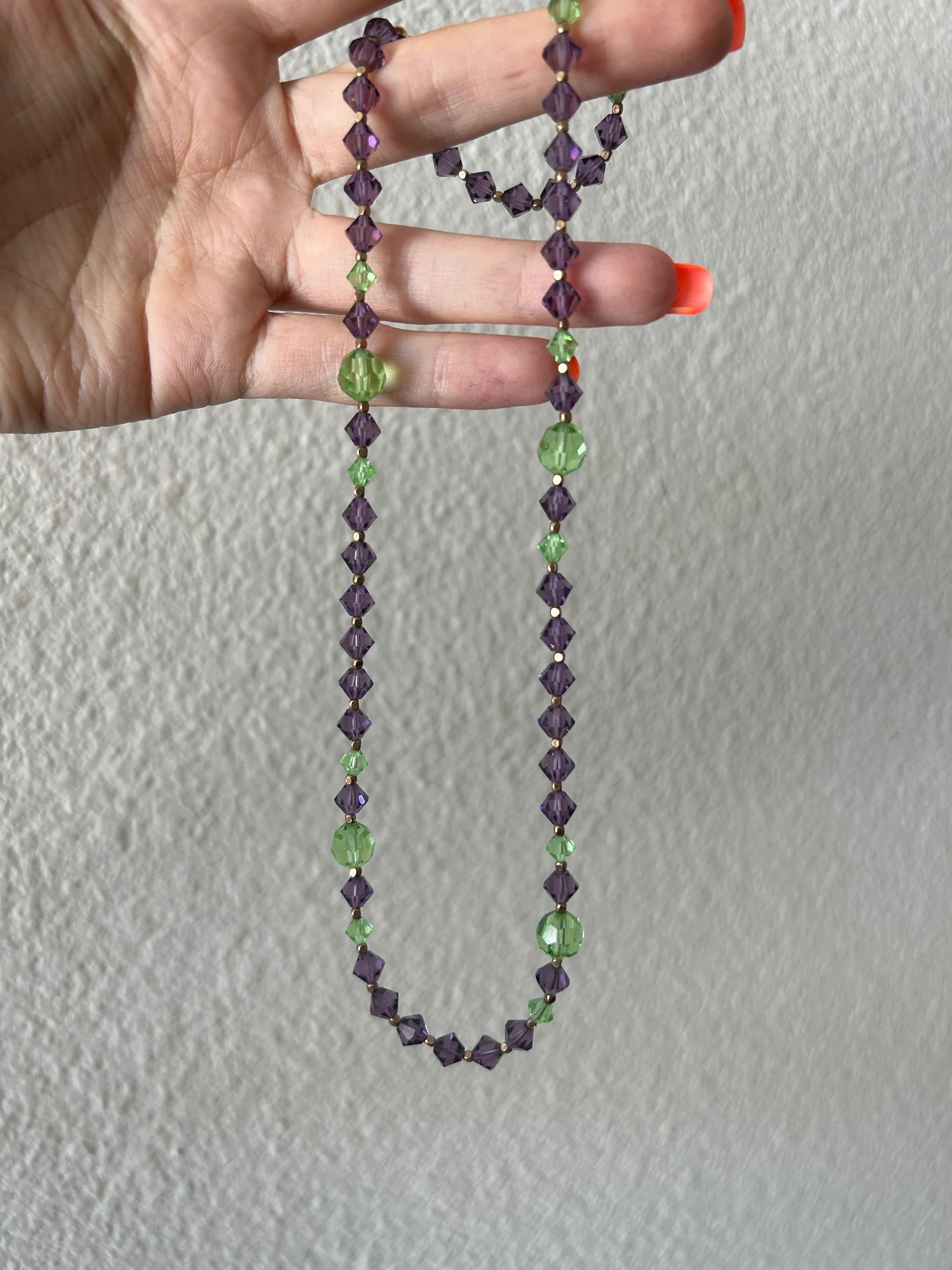 Vintage 1930s Art Deco Crystal Necklace: Purple & Green Swarovski, 18" - image 2