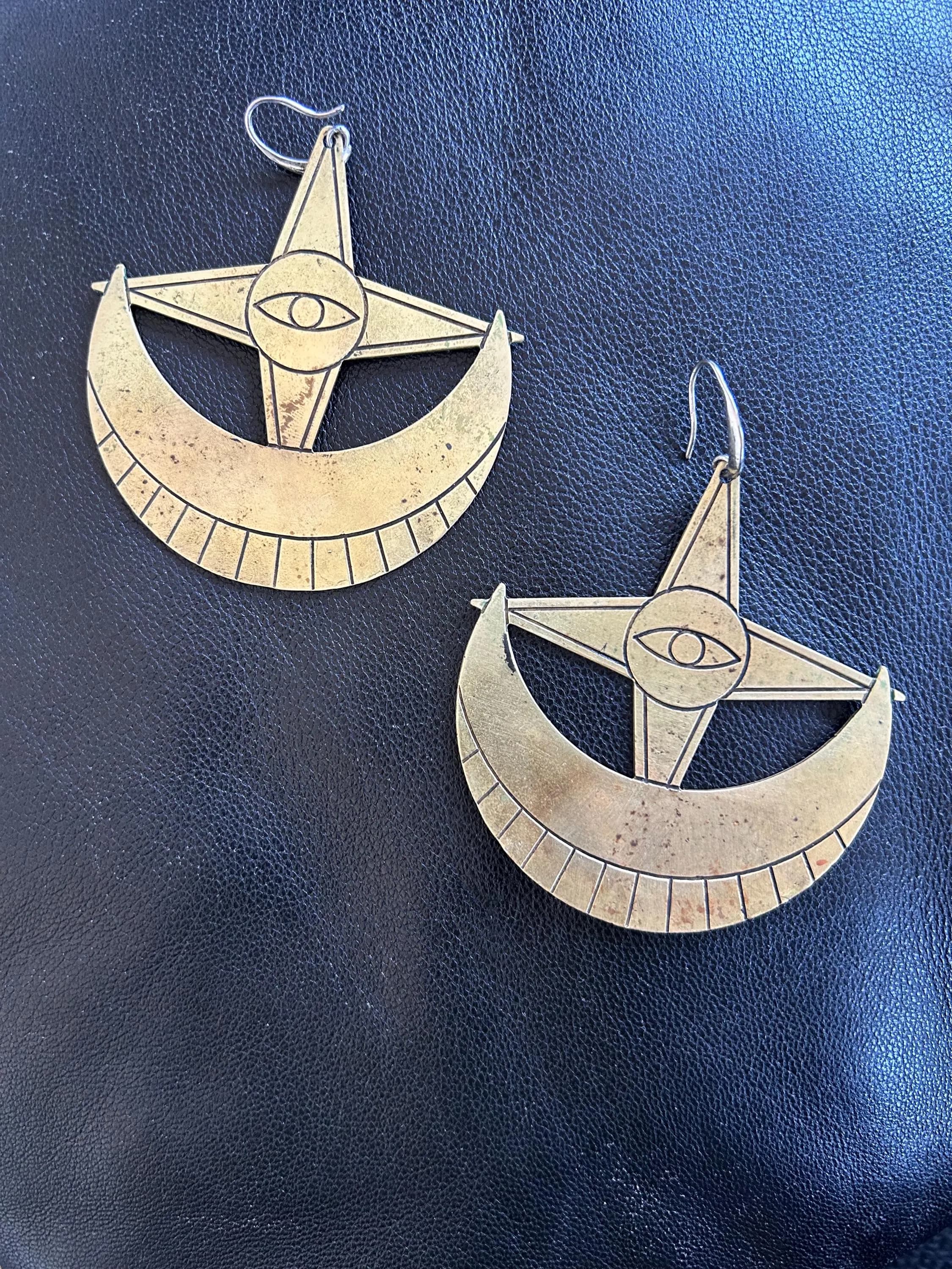 Handmade Brass Evil Eye Earrings: Vintage Celestial Witchcraft Jewelry - image 2