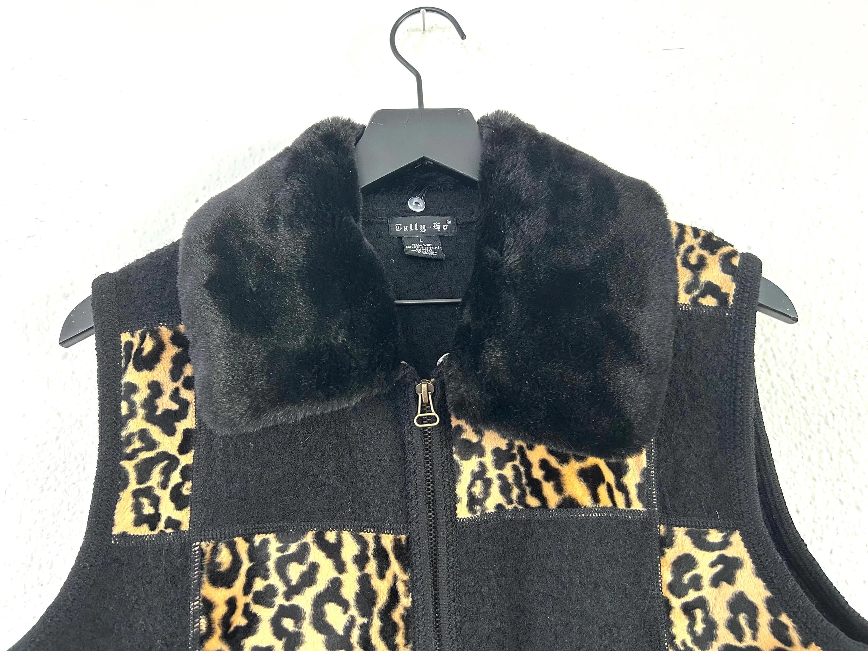 Vintage patchwork vest black wool Y2k leopard faux fur collar - image 2