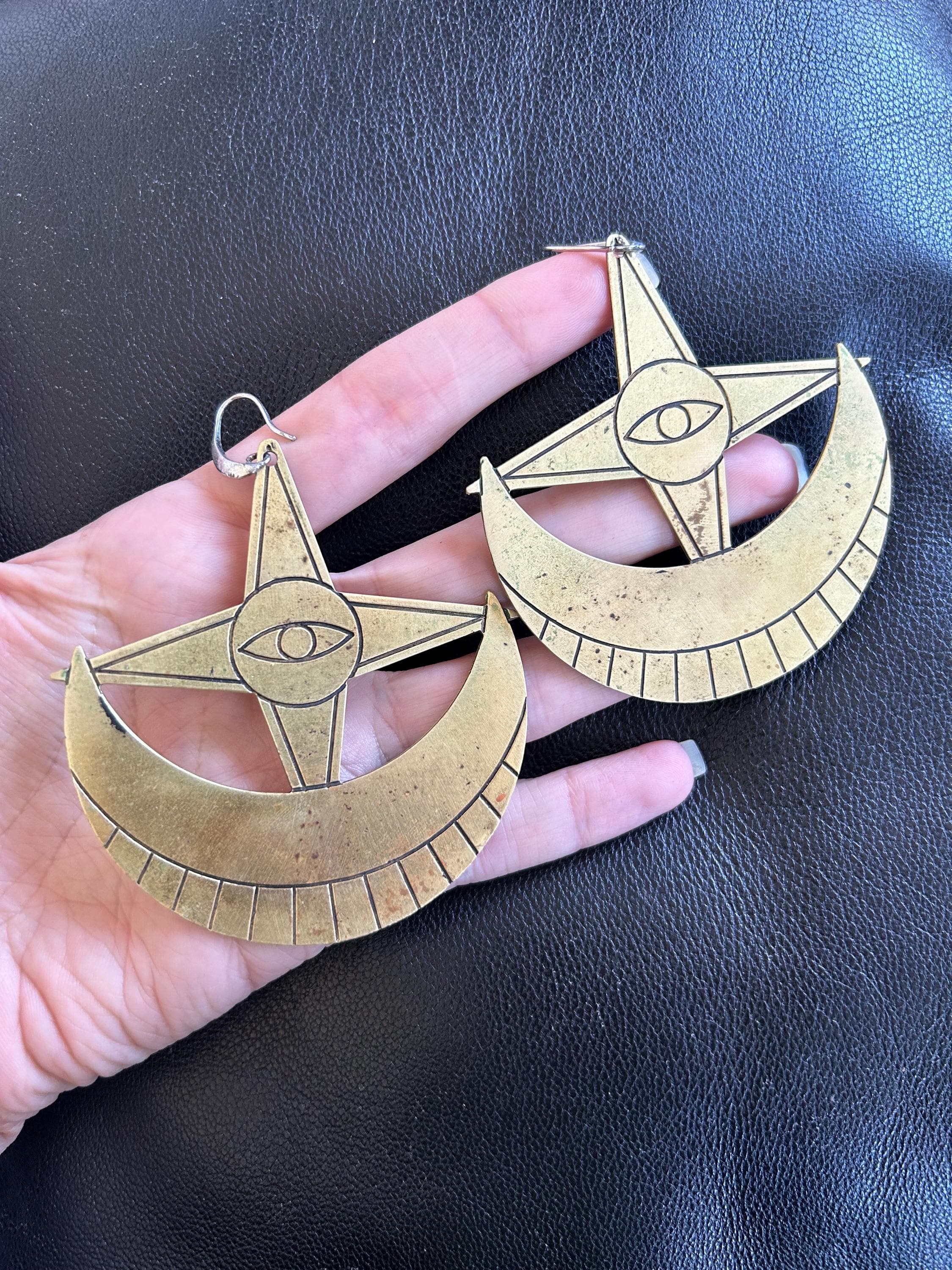 Handmade Brass Evil Eye Earrings: Vintage Celestial Witchcraft Jewelry