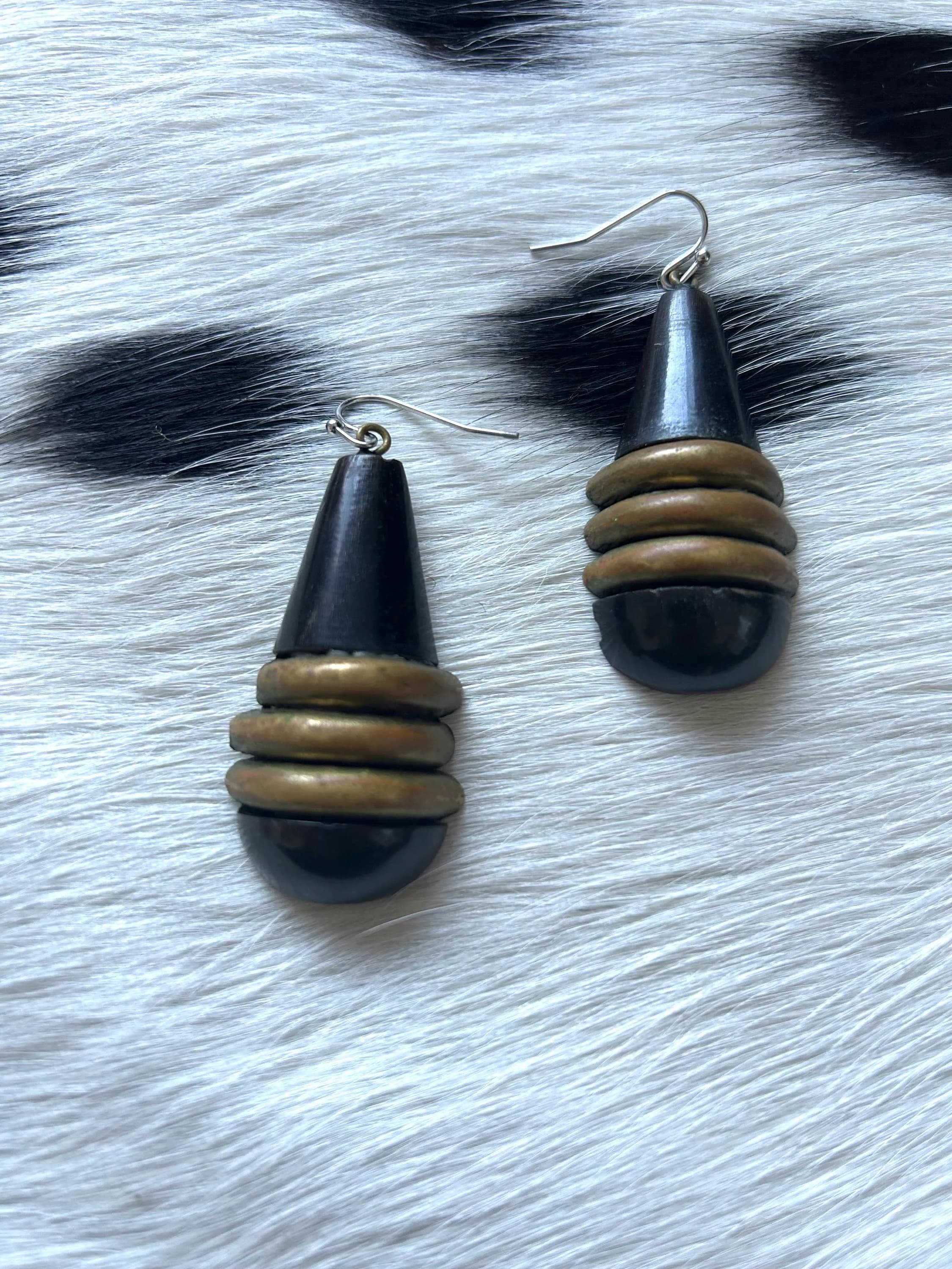 Vintage 70s horn and brass earrings drop dangle teardrop brown black metalwork handmade bone - image 2