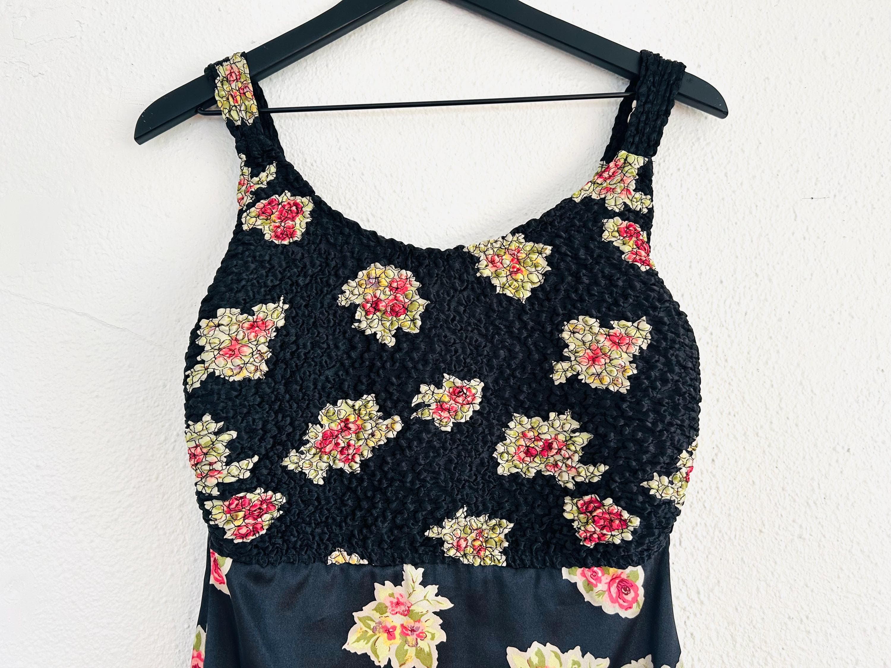 Vintage 90s Y2K babydoll dress black floral smocked satin slip - image 2