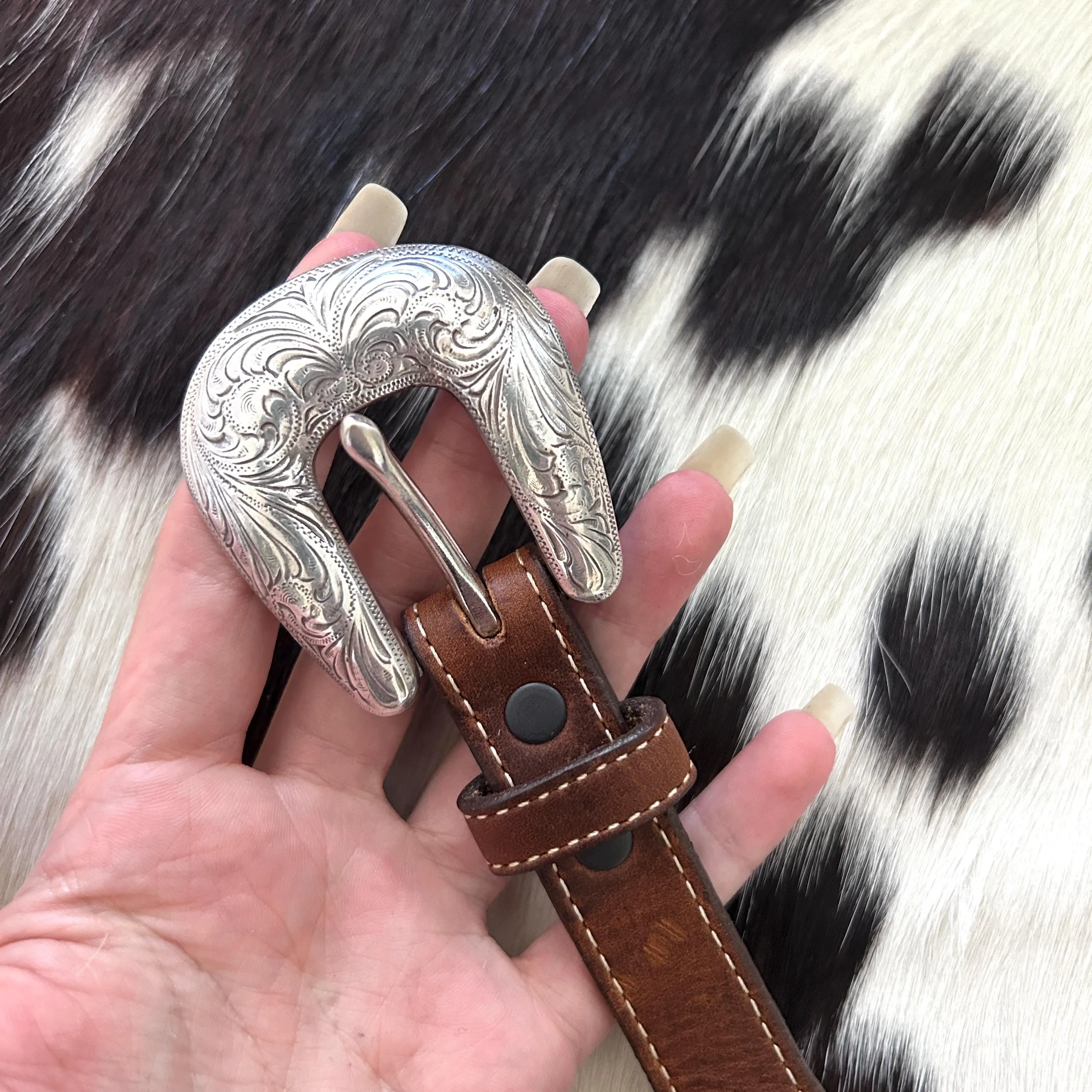Vintage Tony Lama genuine leather belt with heart conchos in silver and brass - image 3