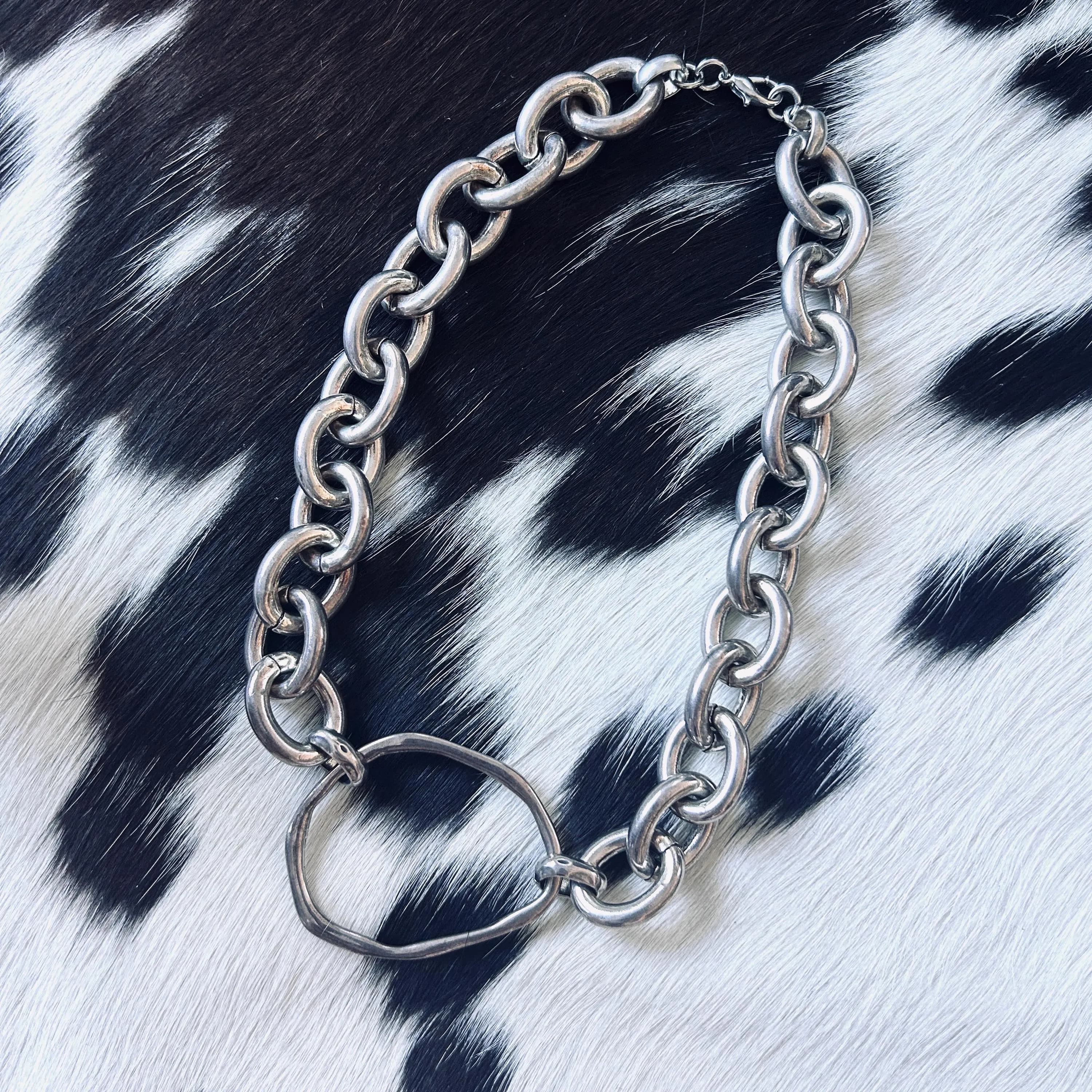 Huge chunky sterling silver plated chain necklace organic pendant