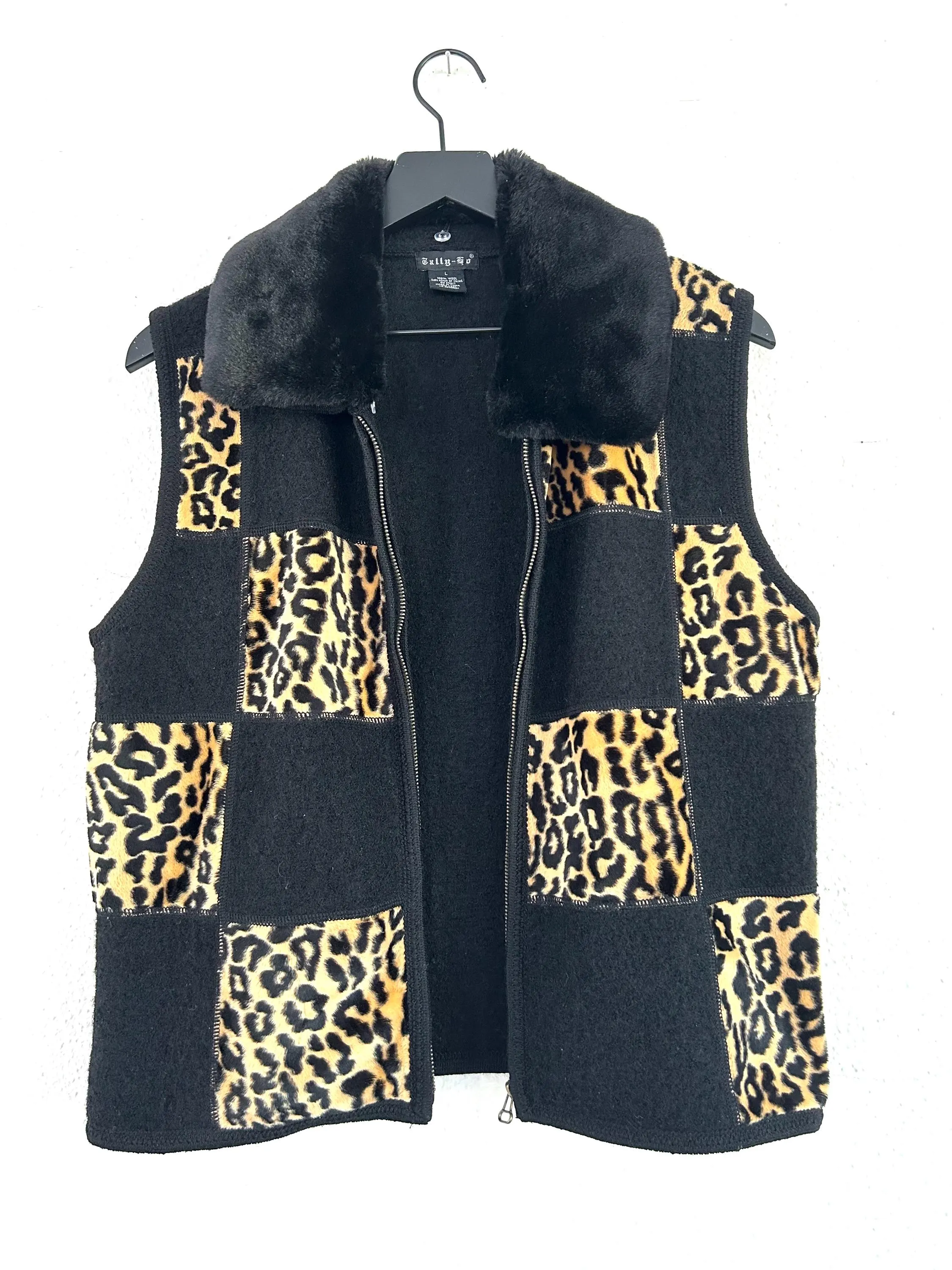 Vintage patchwork vest black wool Y2k leopard faux fur collar - image 4