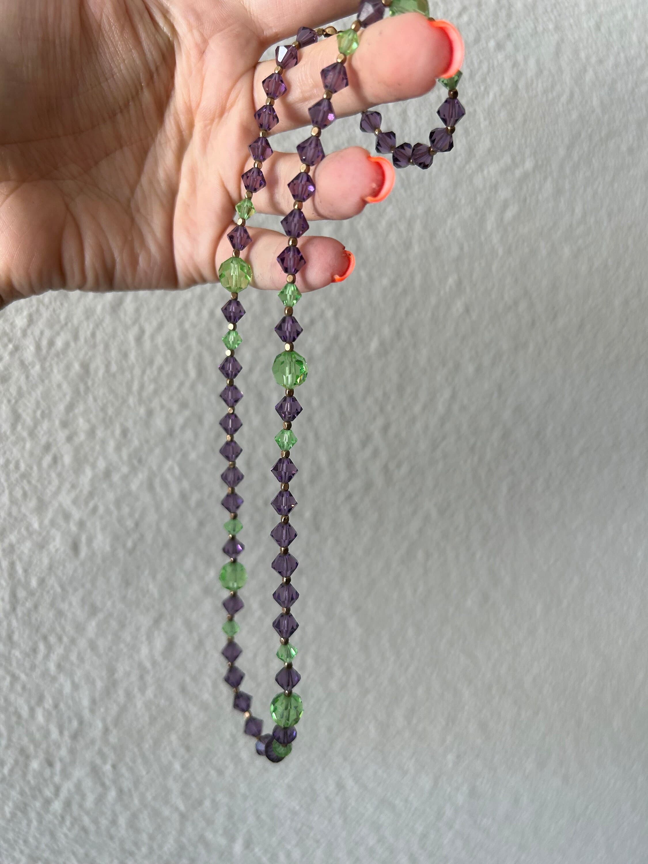 Vintage 1930s Art Deco Crystal Necklace: Purple & Green Swarovski, 18" - image 4