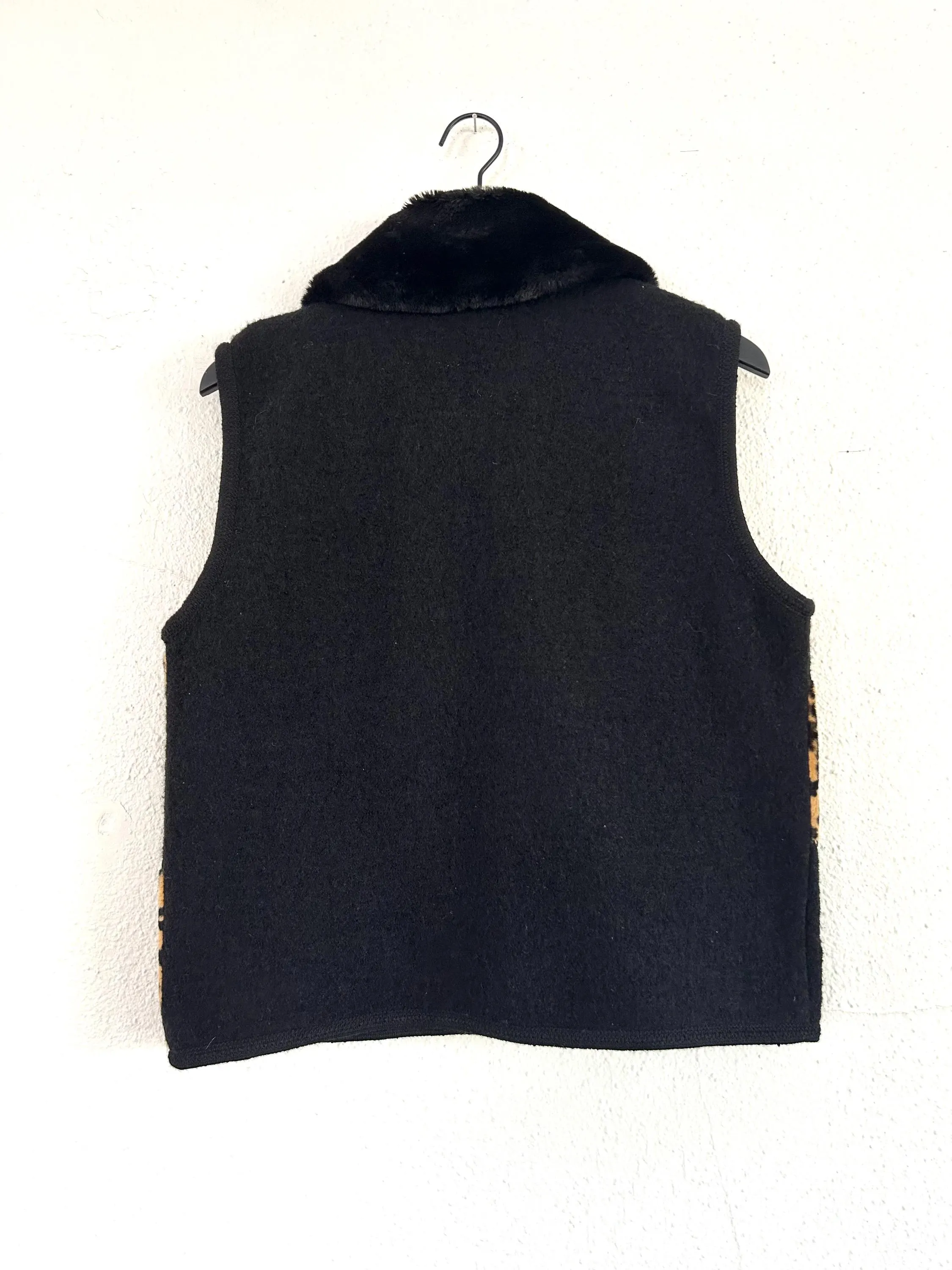 Vintage patchwork vest black wool Y2k leopard faux fur collar - image 5