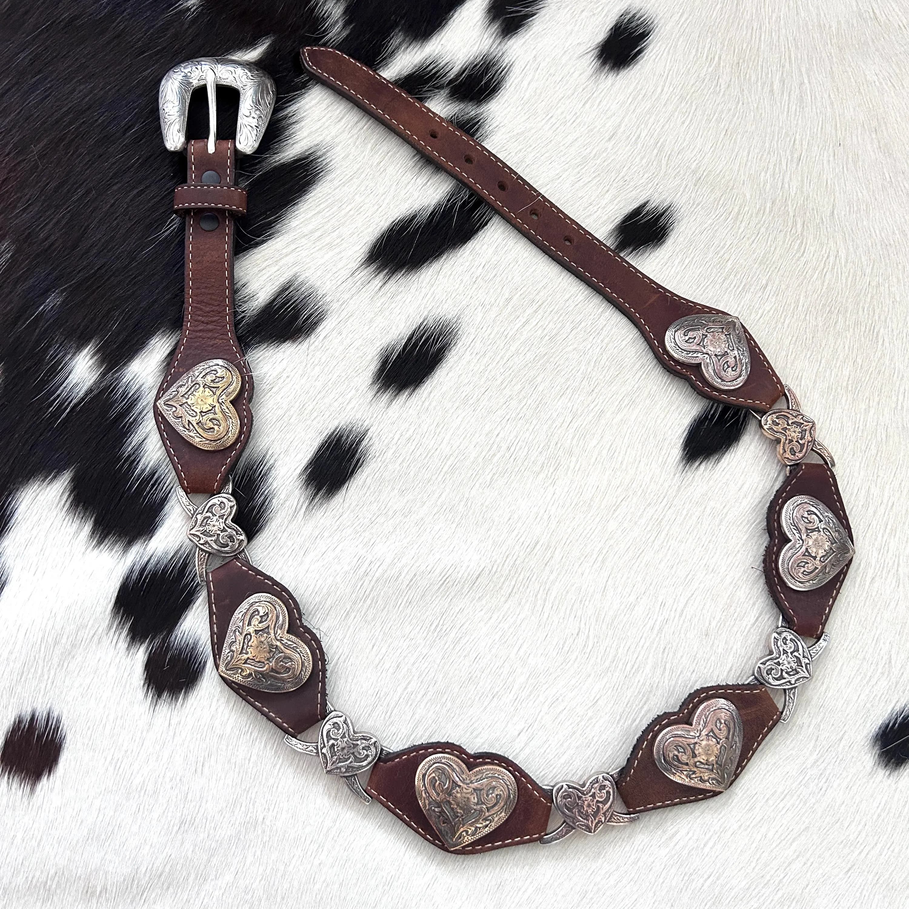 Vintage Tony Lama genuine leather belt with heart conchos in silver and brass