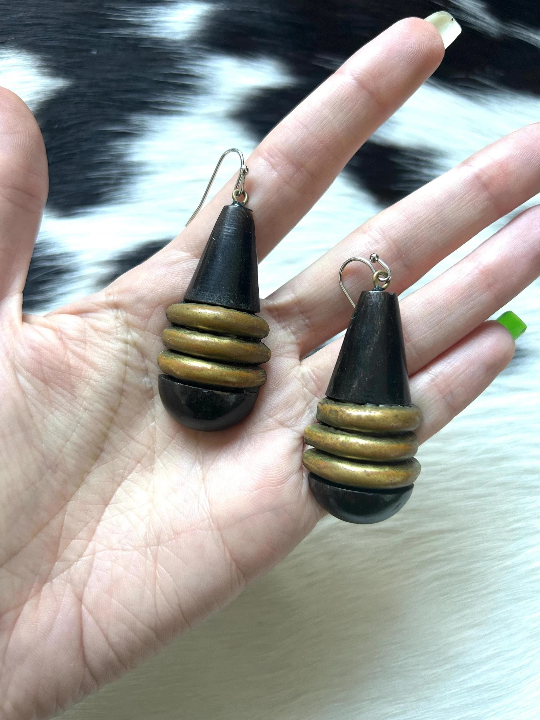 Vintage 70s horn and brass earrings drop dangle teardrop brown black metalwork handmade bone