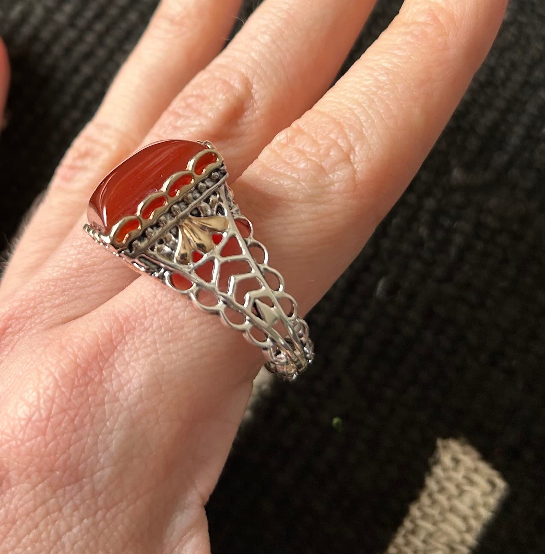 Sterling Silver Carnelian Ring: Renaissance Medieval Filigree Statement