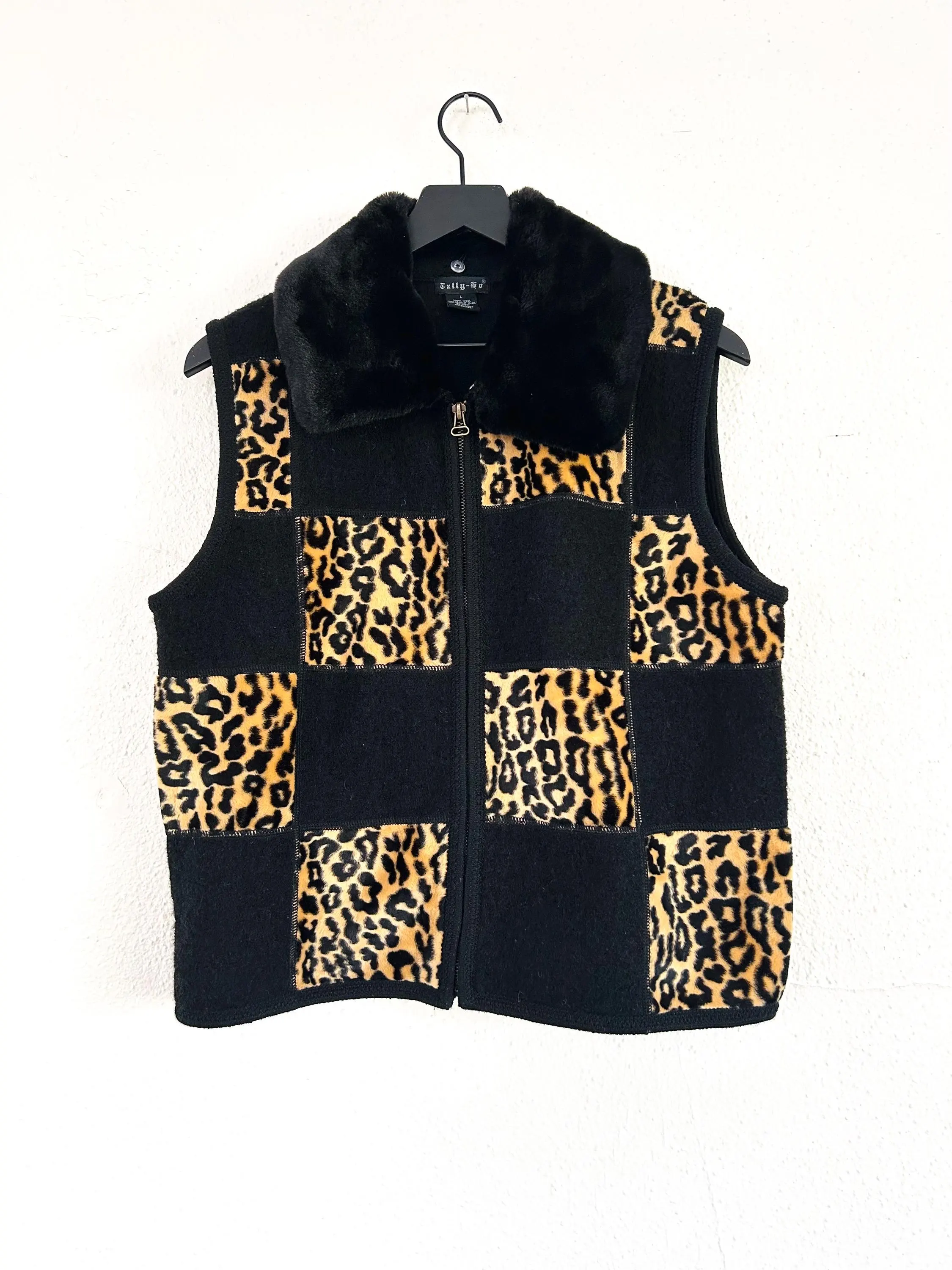 Vintage patchwork vest black wool Y2k leopard faux fur collar
