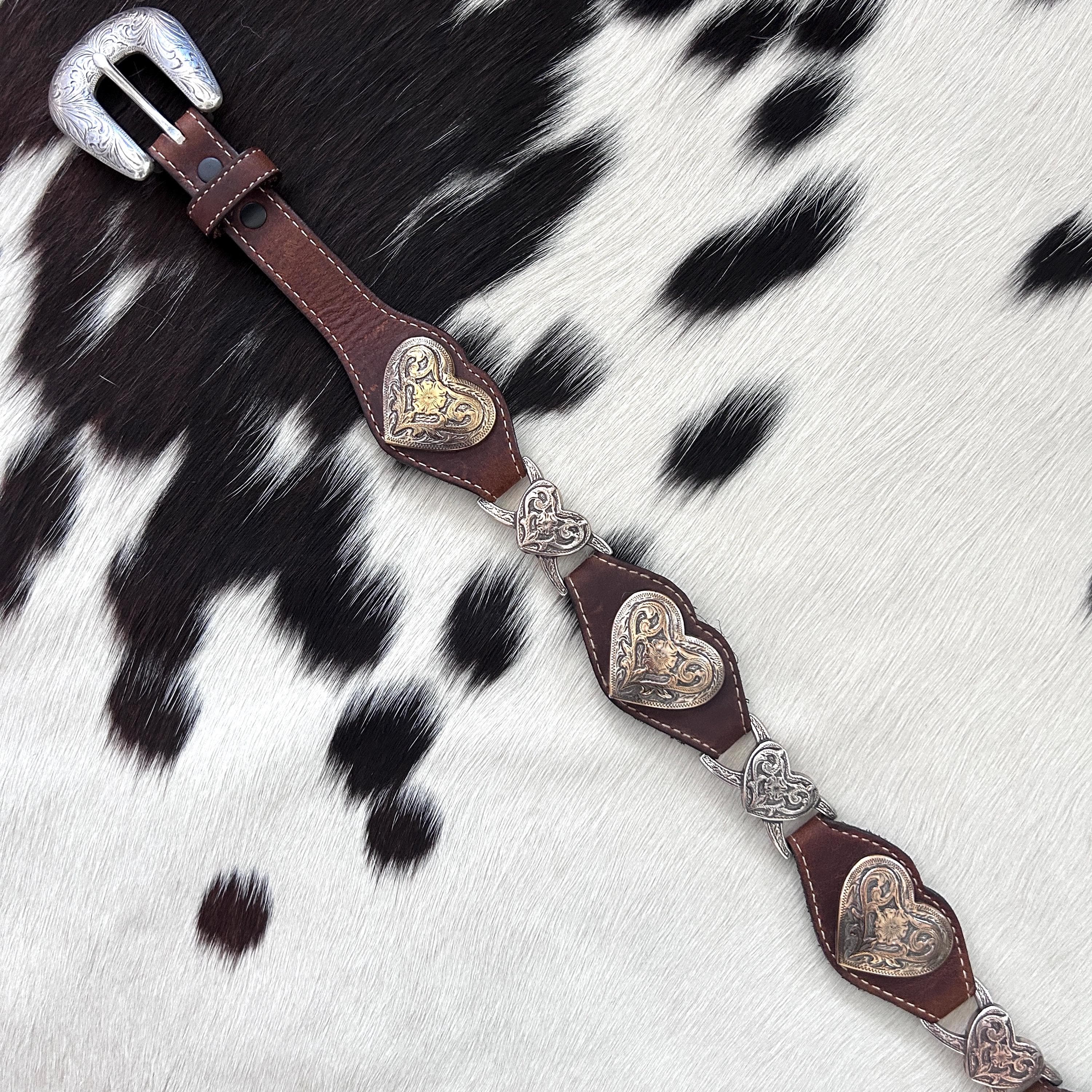 Vintage Tony Lama genuine leather belt with heart conchos in silver and brass - image 2