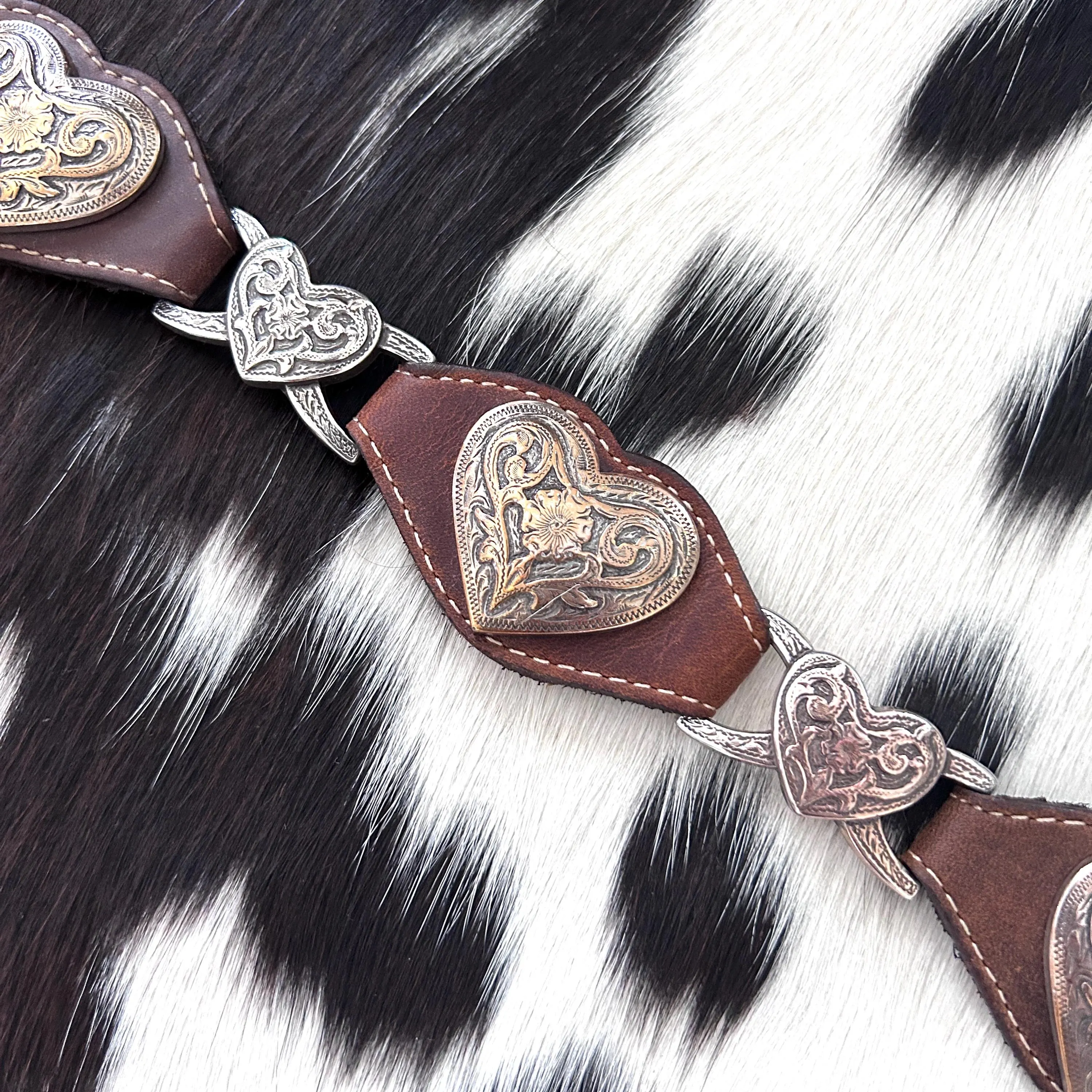 Vintage Tony Lama genuine leather belt with heart conchos in silver and brass - image 4