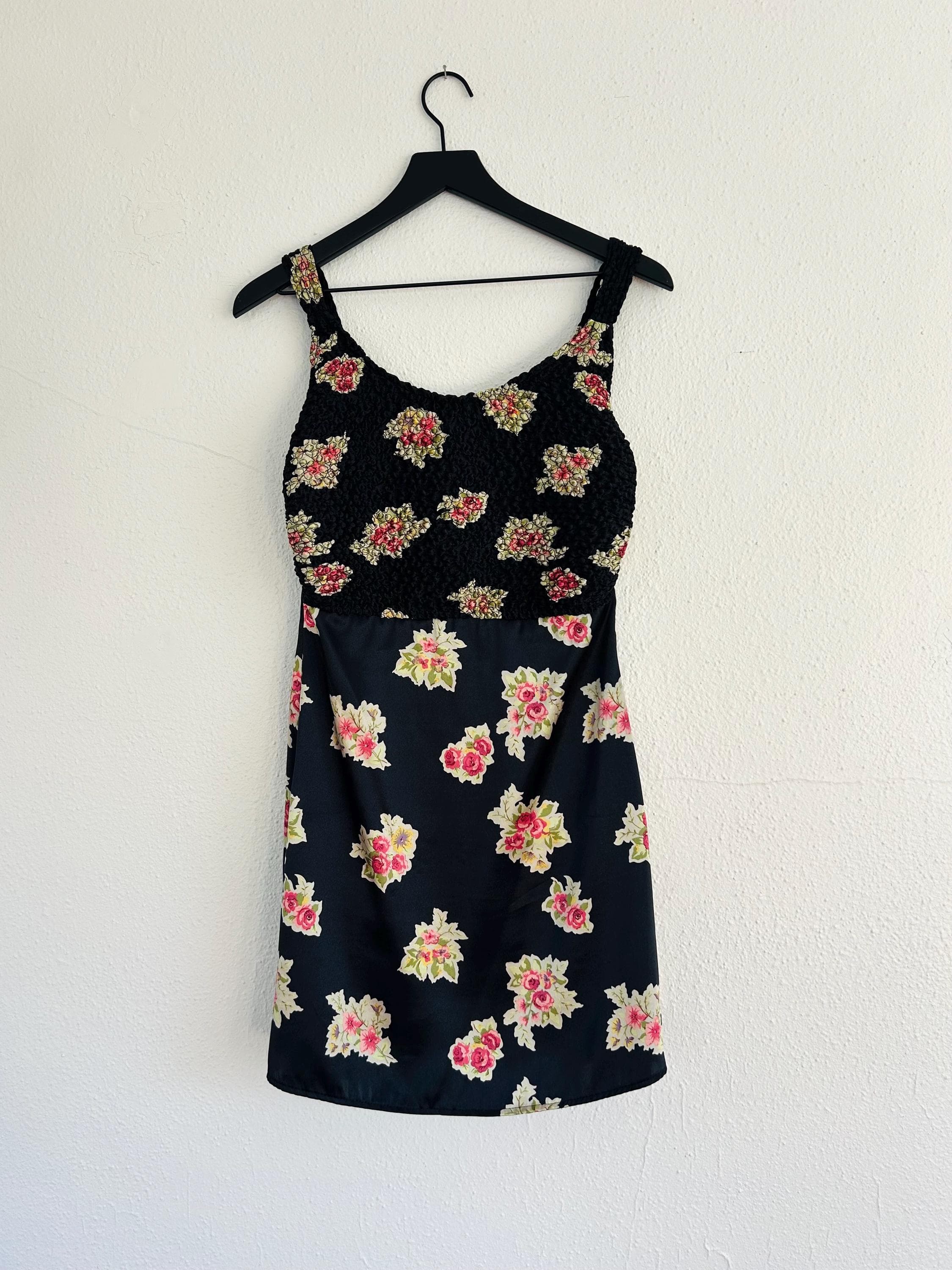 Vintage 90s Y2K babydoll dress black floral smocked satin slip