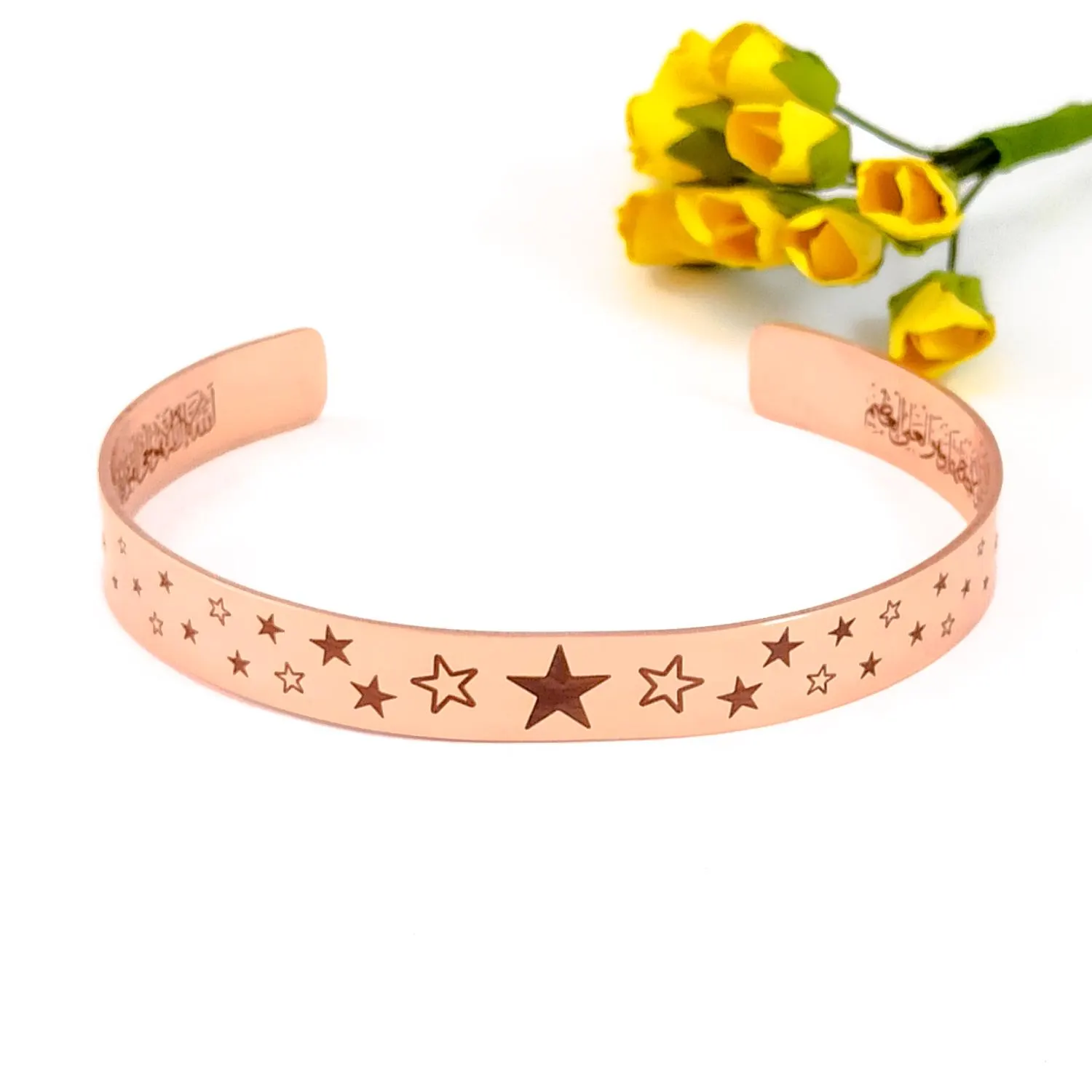 8mm pure copper cuff bracelet with an elegant laser-engraved star pattern, Ayatul Kursi, handmade in Turkey
