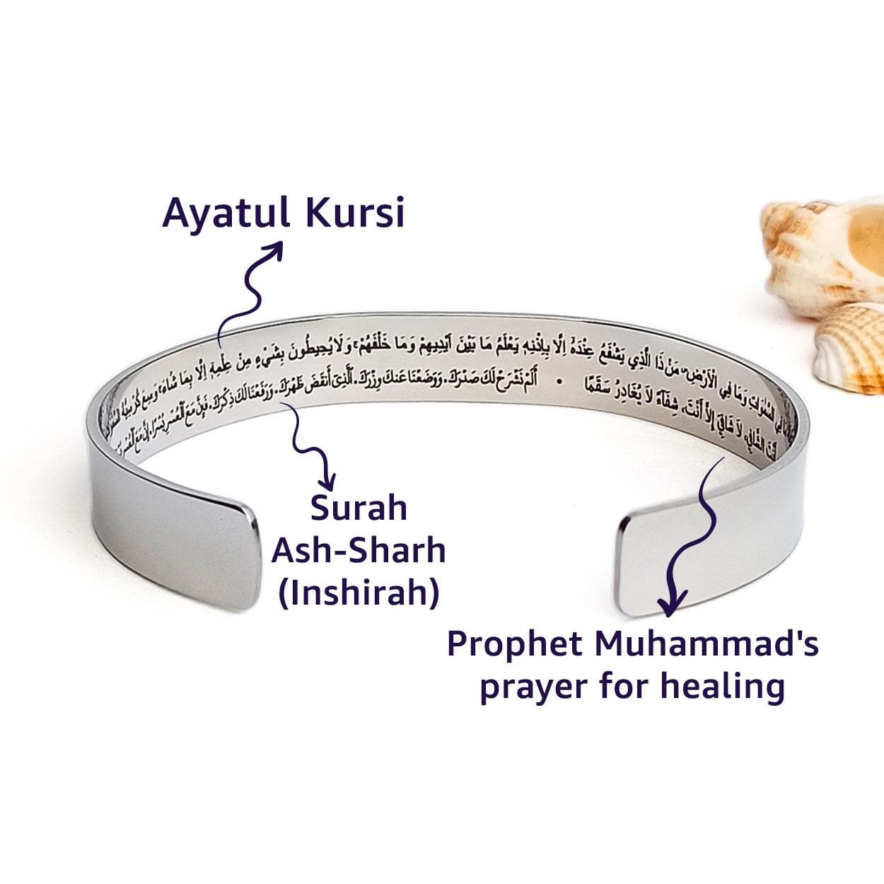 Detailed infographic showing the location of Ayatul Kursi, Surah Inshirah, and Prophet Muhammad's healing prayer inside a silver-tone Islamic cuff.