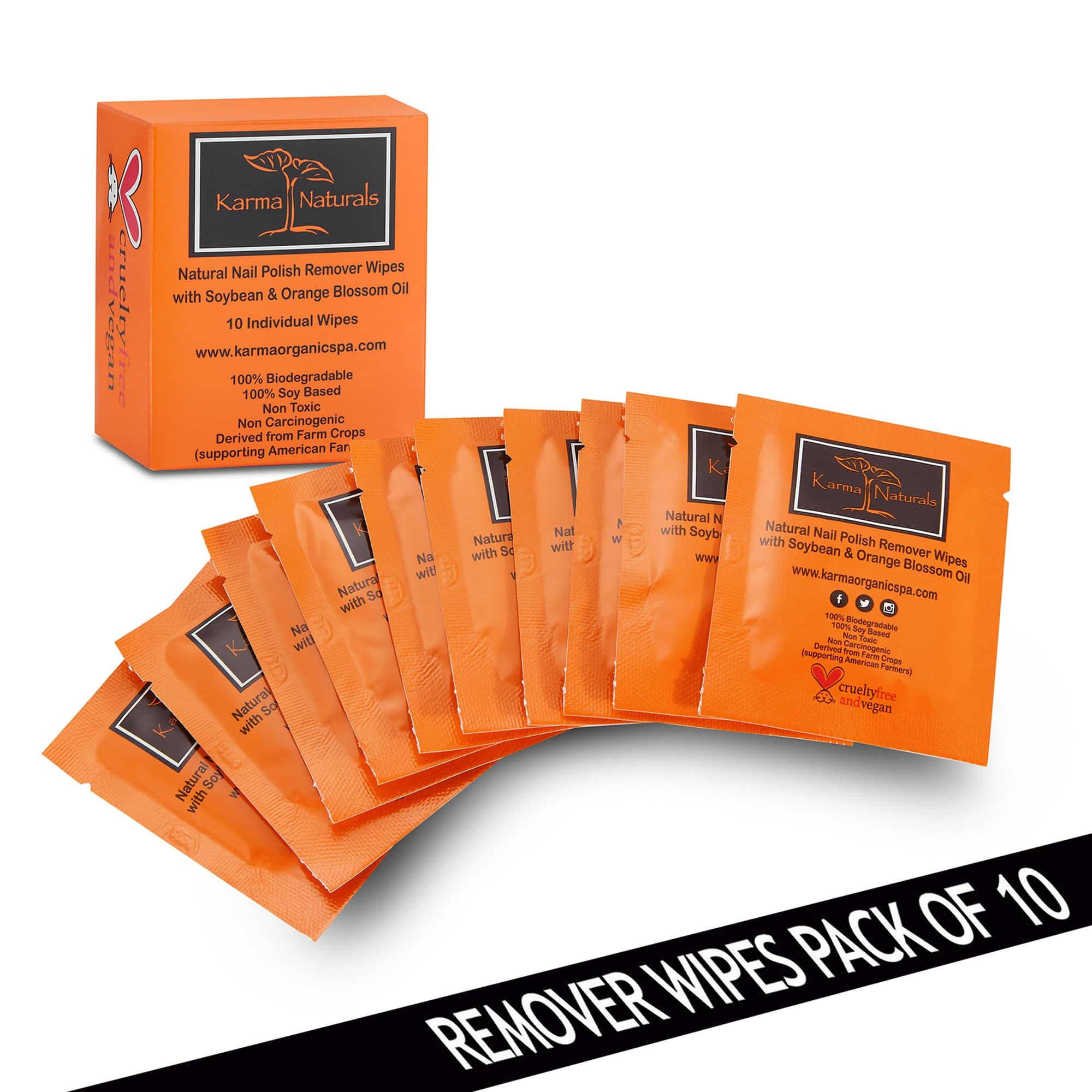 Karma Orange Blossom Nail Polish Remover Wipes; Non-Toxic, Vegan, Cruelty-Free – Pack of 10