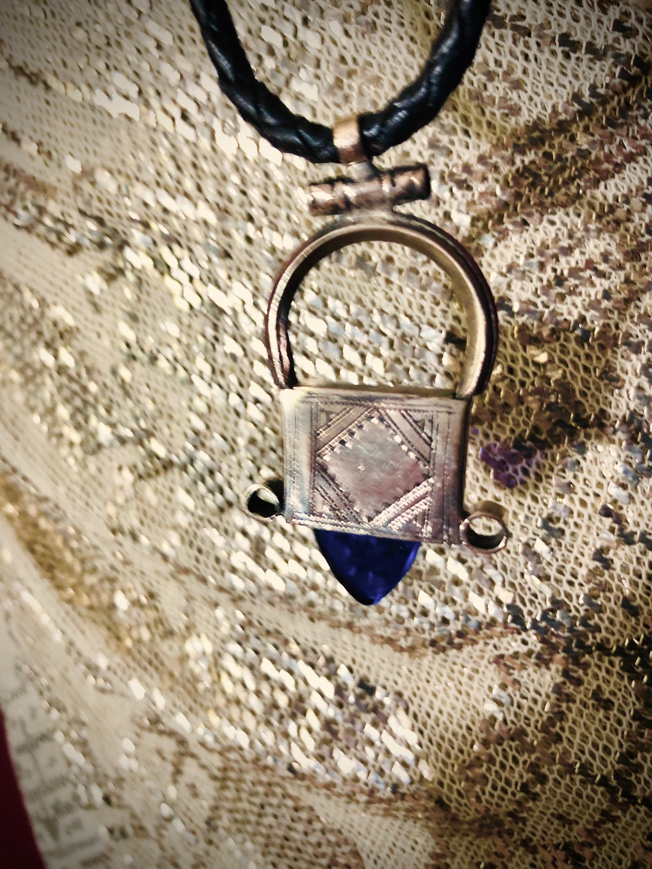 Large Blue Ingal Tuareg Silver Necklace Hand engraved on leather braided rope   with MATCHING earrings  Amazigh - image 3
