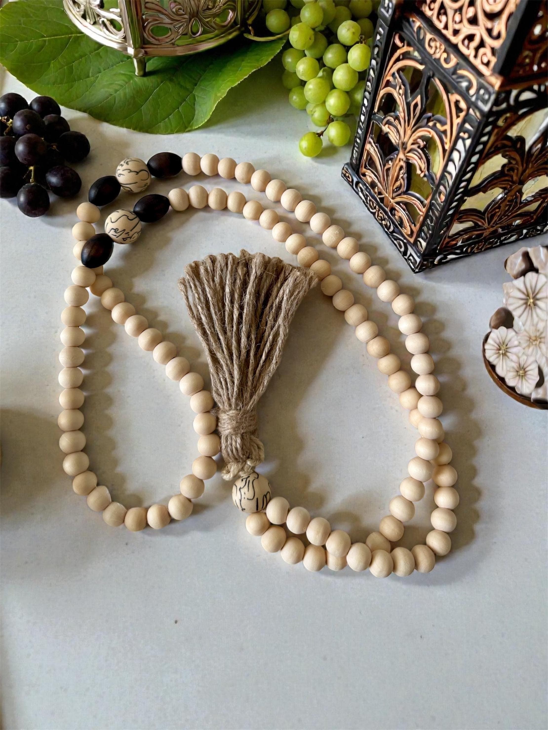 Handmade Wooden Tasbih, Islamic Prayer Beads with Calligraphy