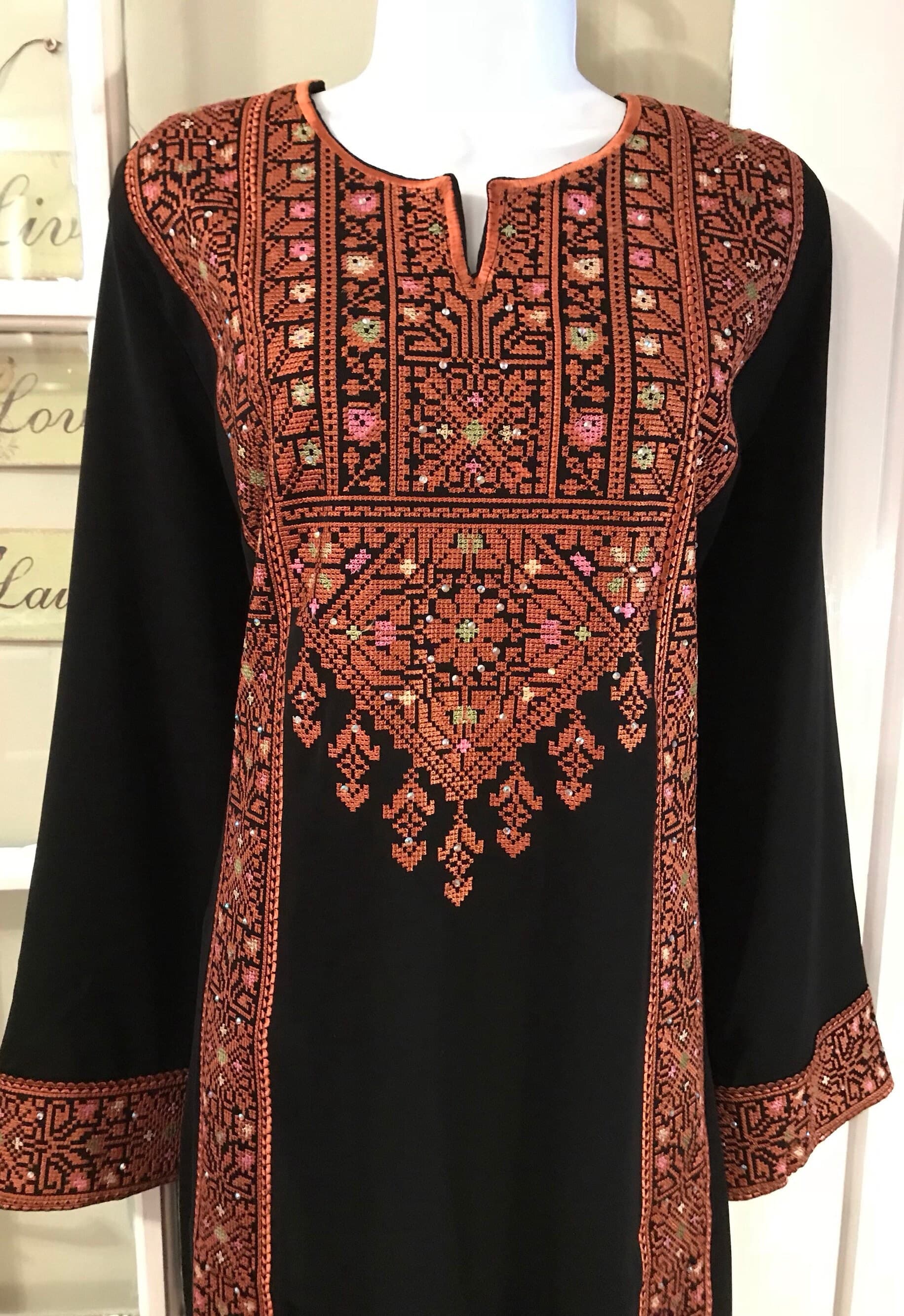 Black dress / Tobe / Thobe / Kaftan with Brown and colourful Palestinian embroidery - image 3