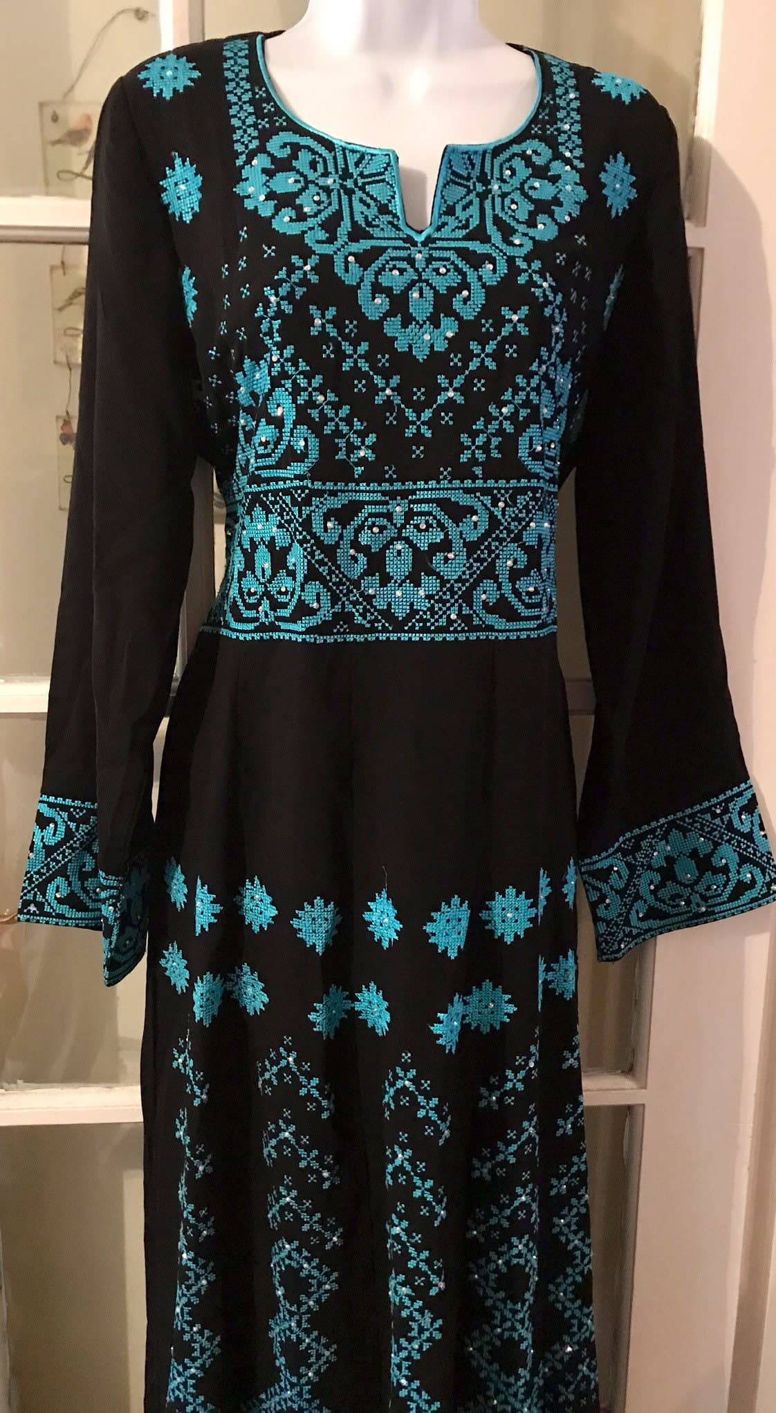 Black Dress / kaftan / Tobe / Thobe with beautiful Turquoise Palestinian Cross Stitch / Embroidery - image 4