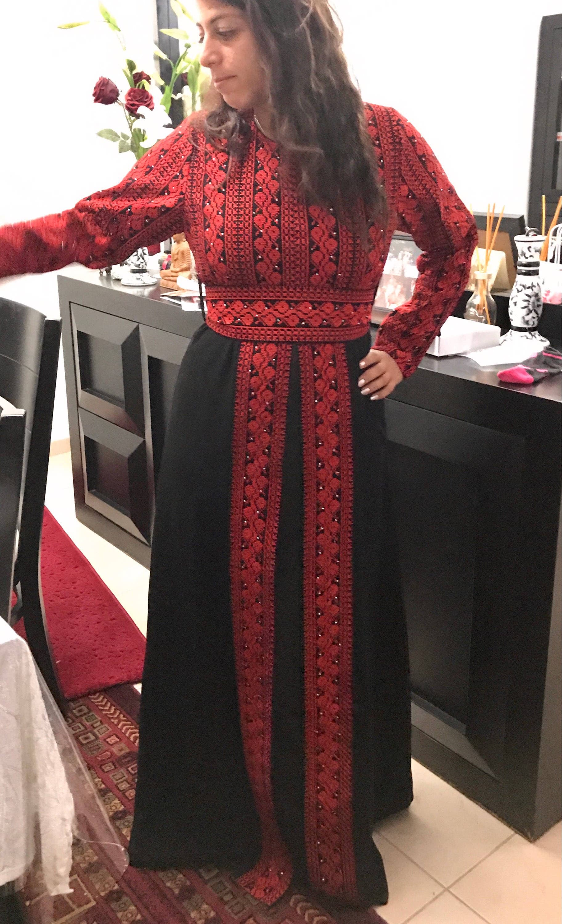 Stunning black dress / abbaya / kaftan/ thobe with red Palestinian embroidery / cross stitch - image 4