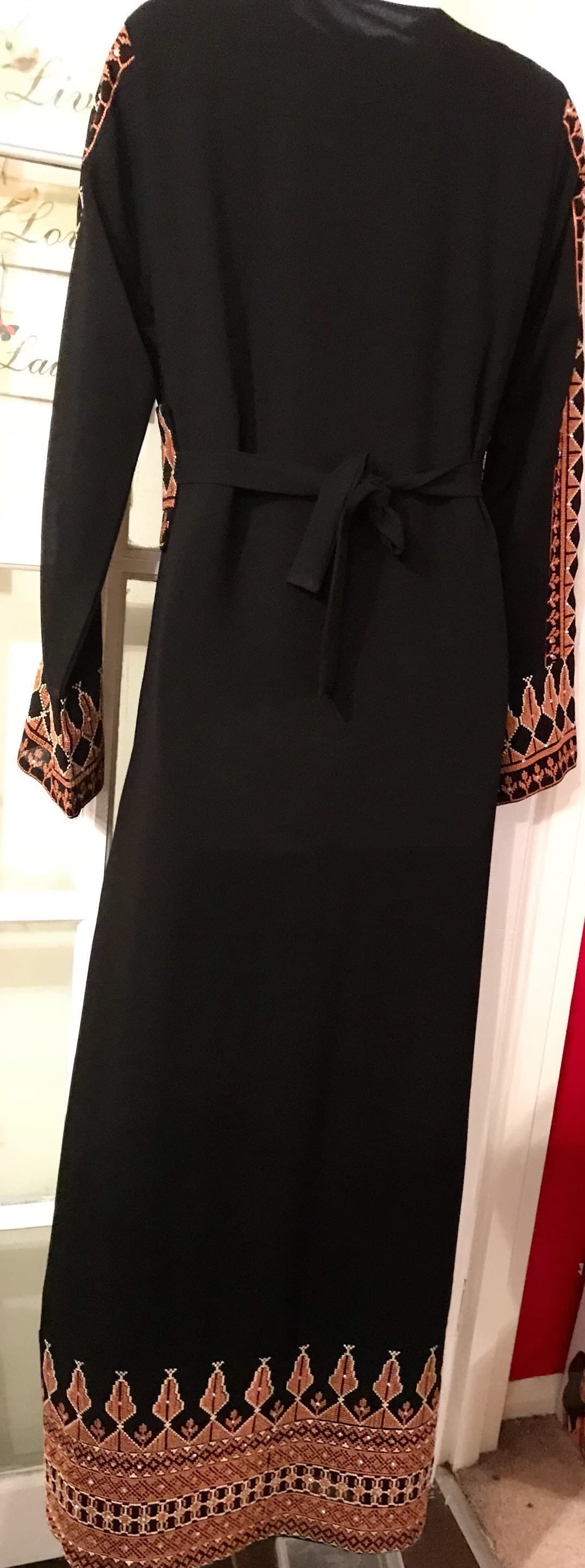 2 Piece Black Dress/ Abaya/ Kaftan/ Thobe and matching belt with beautiful gold and red embroidery - image 5