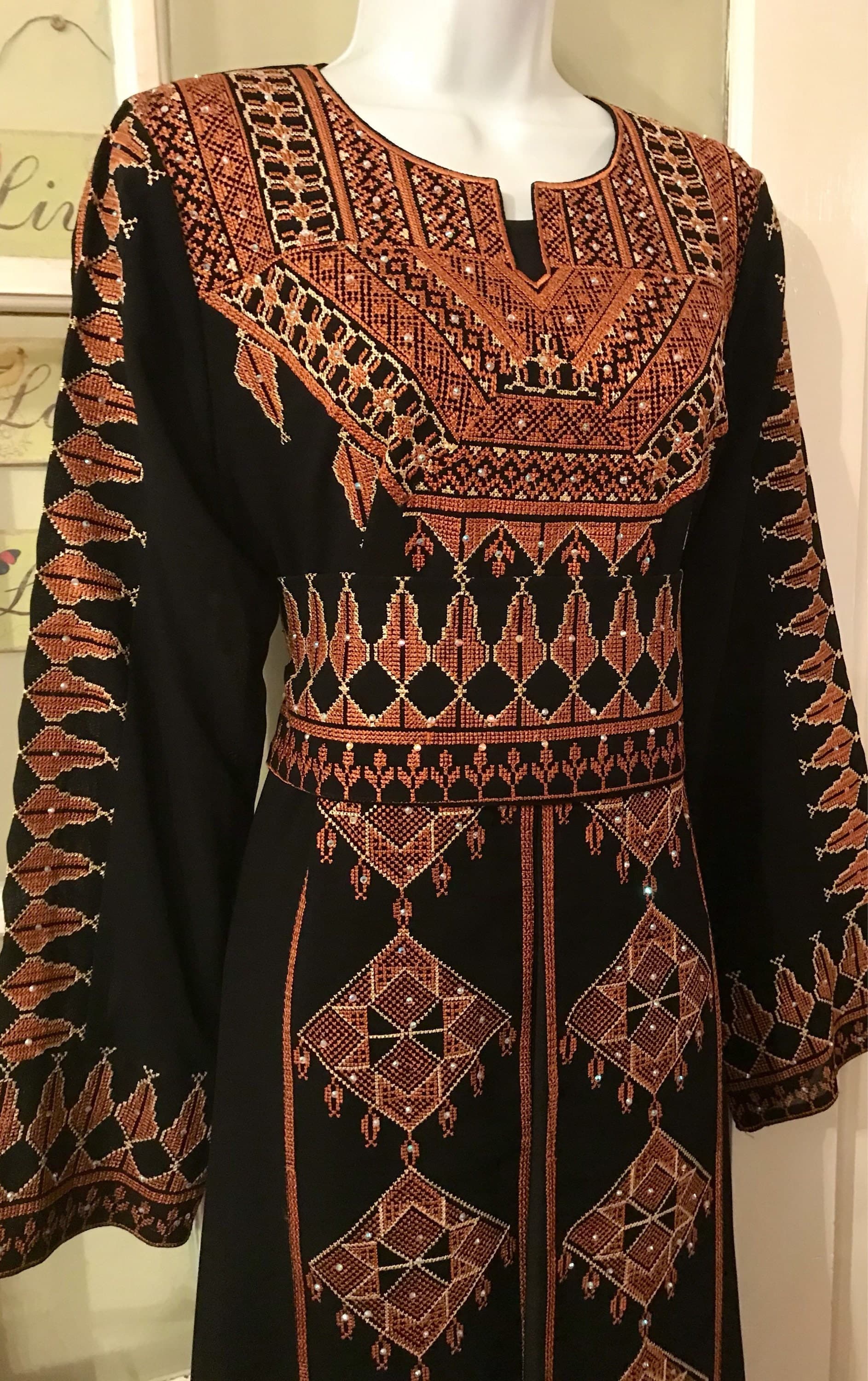 2 Piece Black Dress/ Abaya/ Kaftan/ Thobe and matching belt with beautiful light brown / pink  brown embroidery - image 3