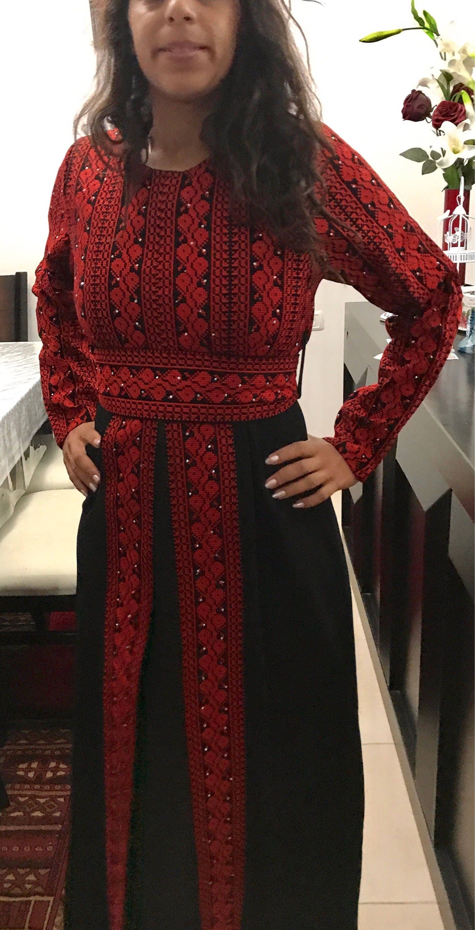 Stunning black dress / abbaya / kaftan/ thobe with red Palestinian embroidery / cross stitch - image 3