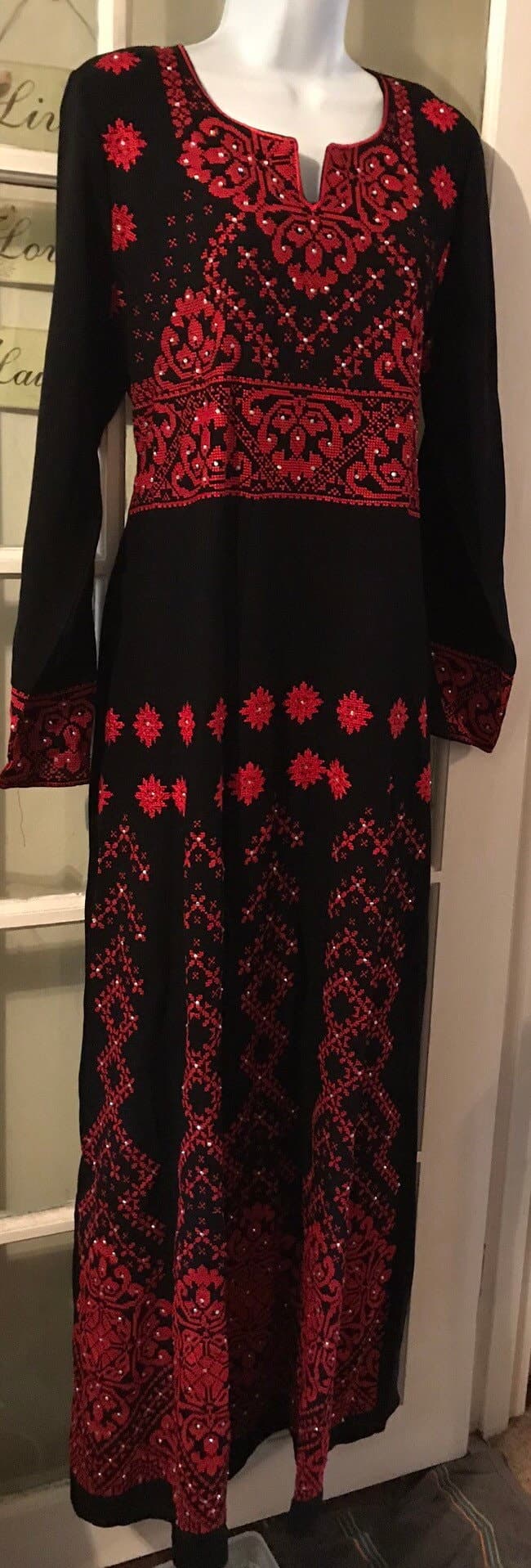 Black Dress / kaftan / Tobe / Thobe with beautiful Red Palestinian Cross Stitch / Embroidery - image 5