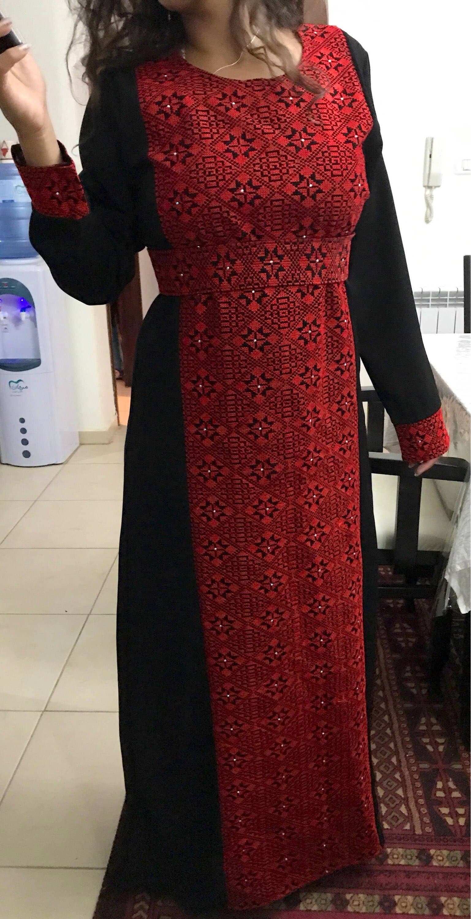 Beautiful black dress / abbaya / kaftan / thobe with red Palestinian embroidery / cross stitch