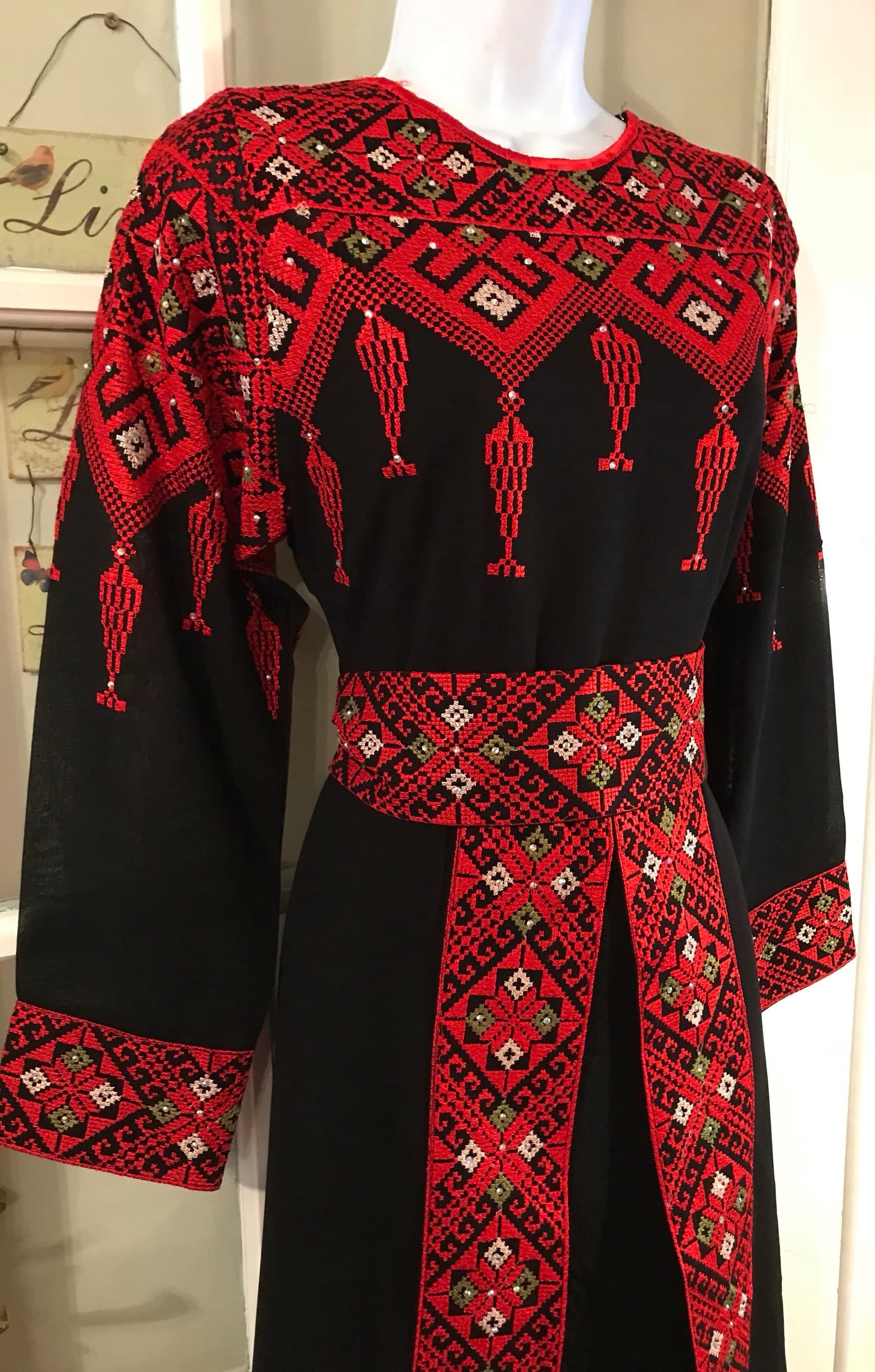 2 Piece Black Dress/ Abaya/ Kaftan/ Thobe and matching belt with beautiful red and colourful embroidery - image 5