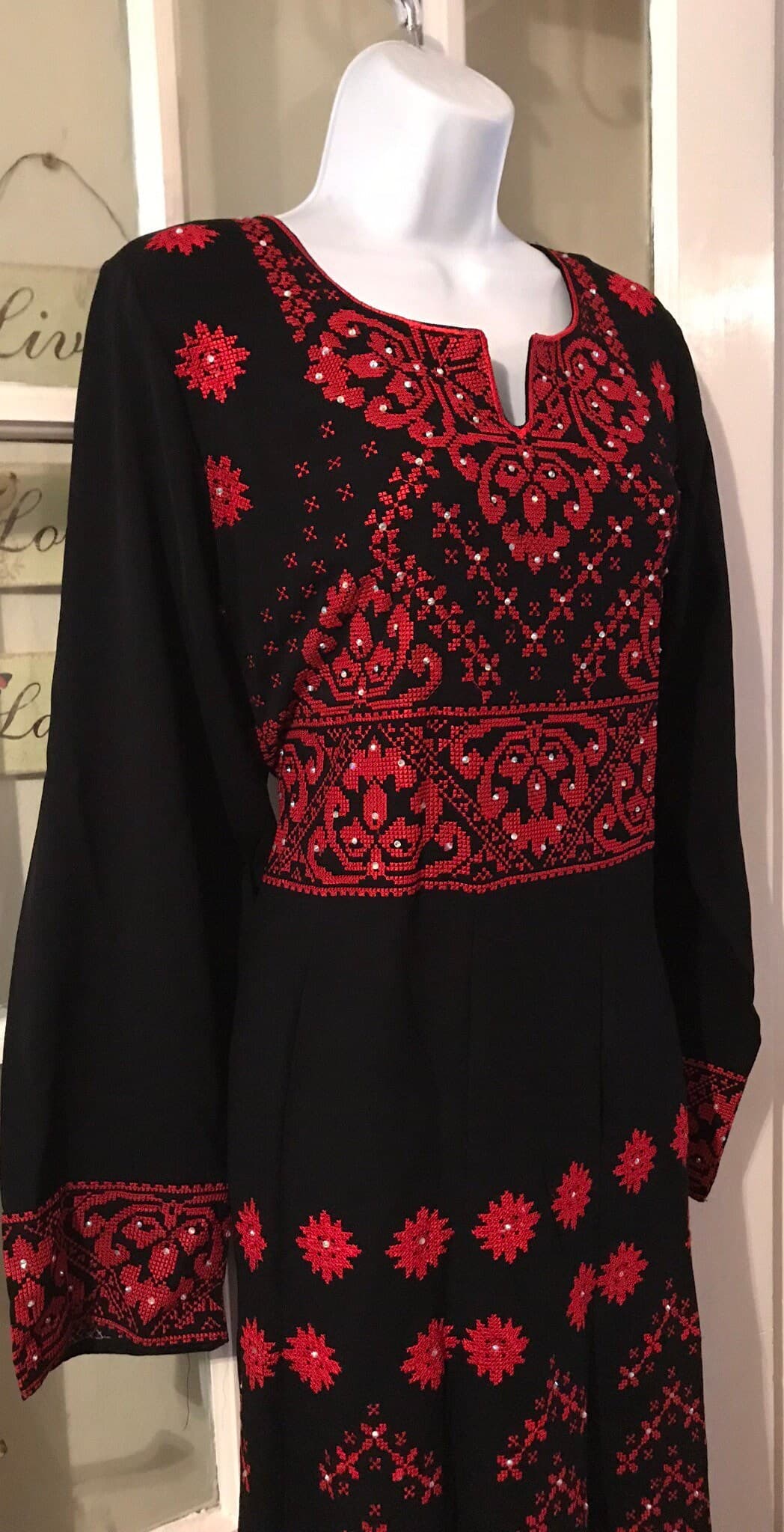 Black Dress / kaftan / Tobe / Thobe with beautiful Red Palestinian Cross Stitch / Embroidery - image 4