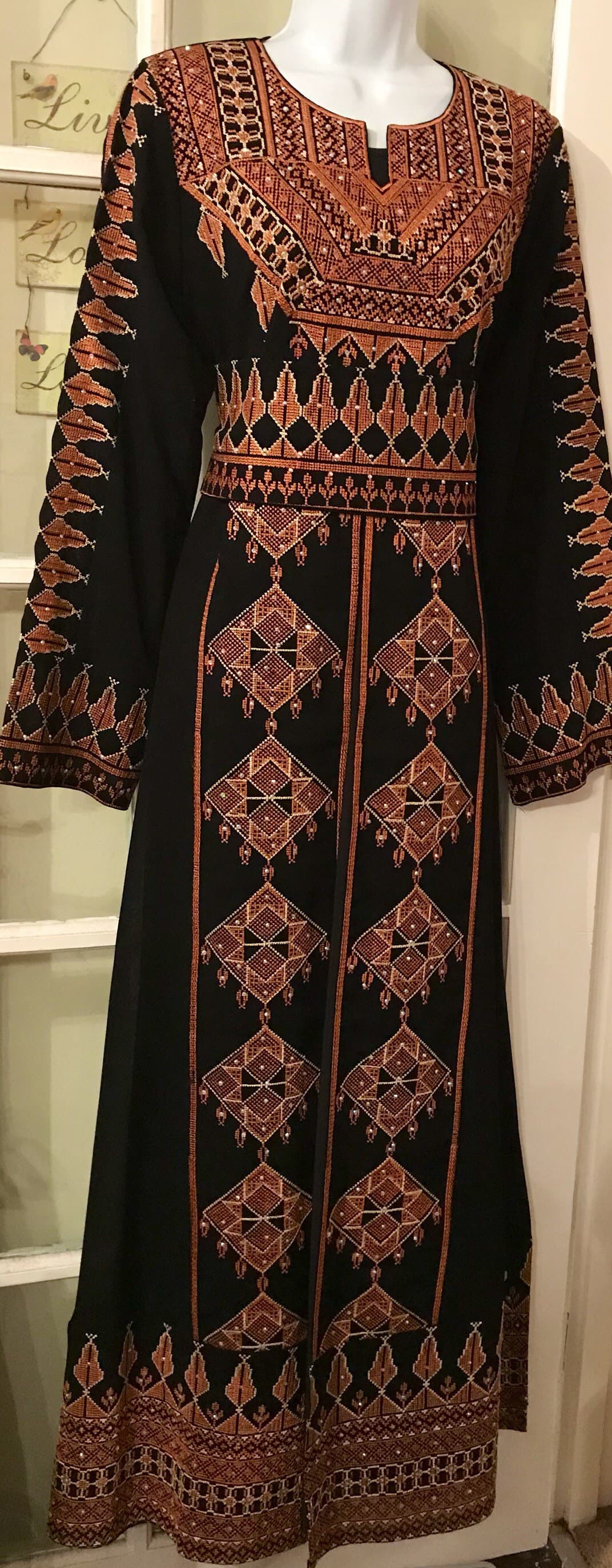 2 Piece Black Dress/ Abaya/ Kaftan/ Thobe and matching belt with beautiful light brown / pink  brown embroidery - image 5