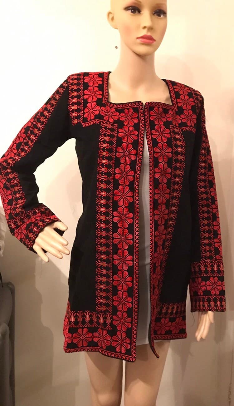 Beautiful Black Jacket / Coat with Red  Palestinian Cross Stitch / Embroidery