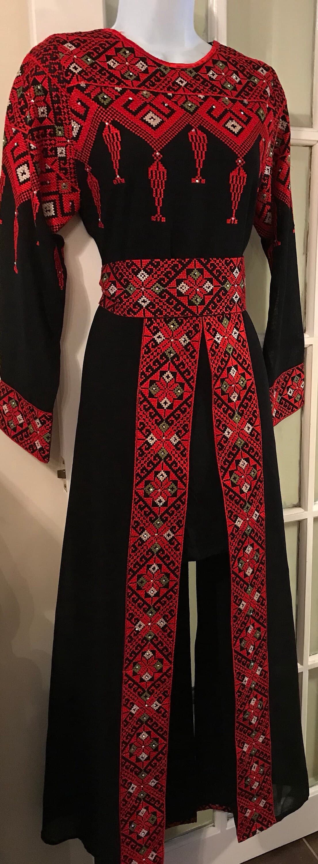 2 Piece Black Dress/ Abaya/ Kaftan/ Thobe and matching belt with beautiful red and colourful embroidery - image 4