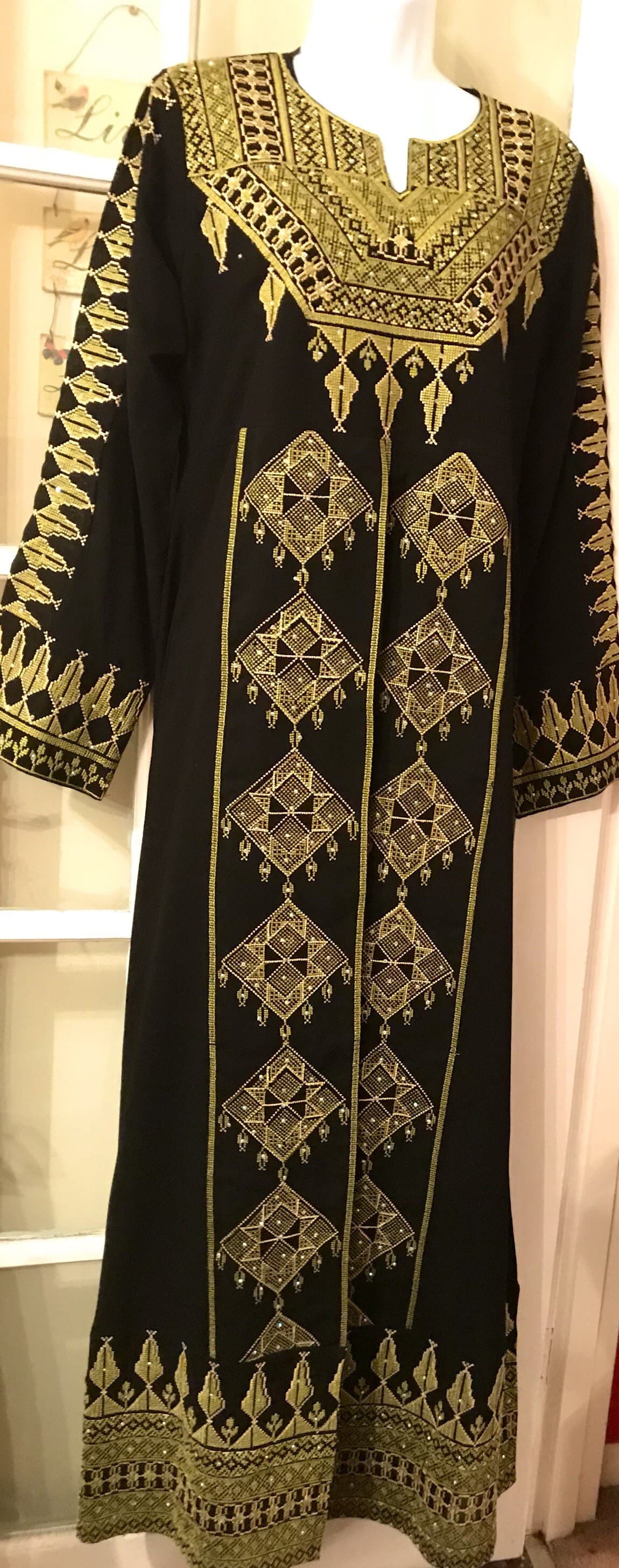 2 Piece Black Dress/ Abaya/ Kaftan/ Thobe and matching belt with beautiful green embroidery - image 5