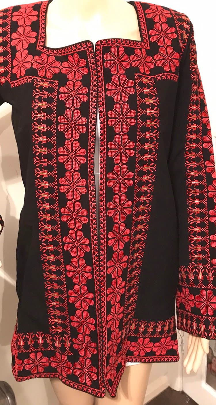 Beautiful Black Jacket / Coat with Red  Palestinian Cross Stitch / Embroidery - image 3