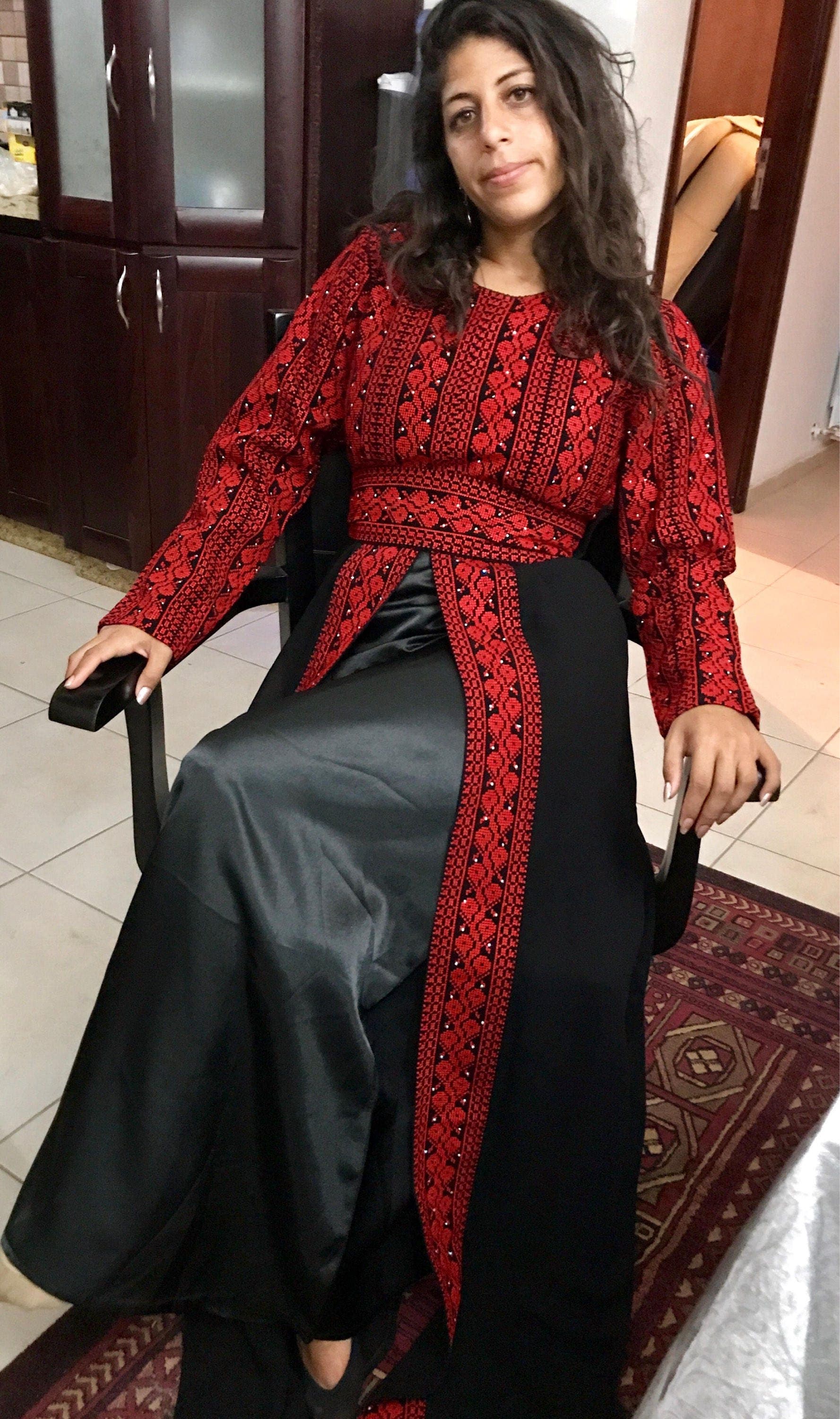 Stunning black dress / abbaya / kaftan/ thobe with red Palestinian embroidery / cross stitch - image 5