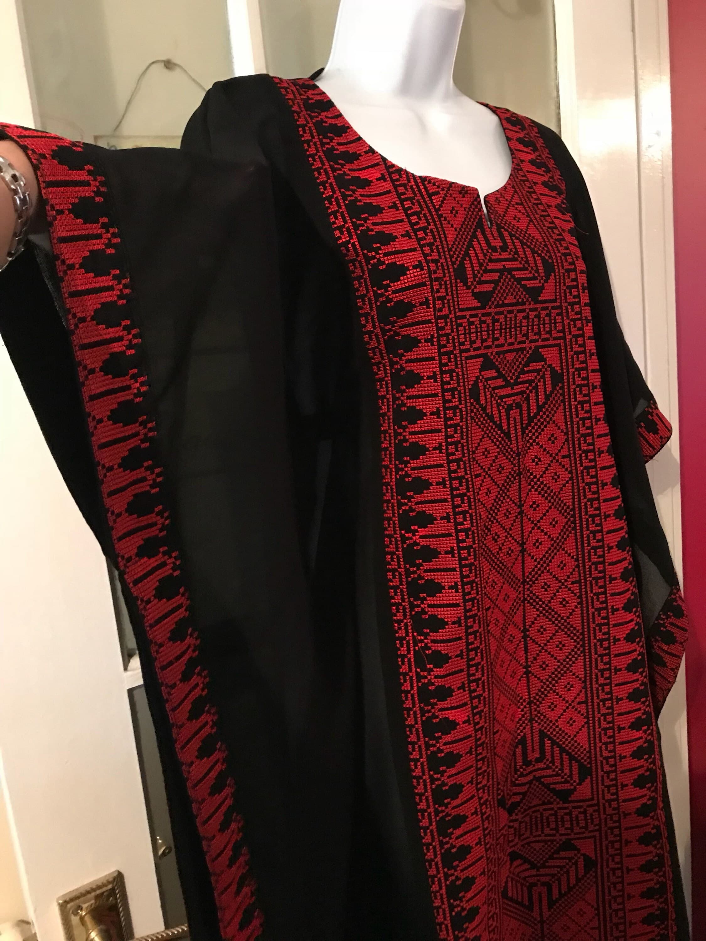 Black Long Chiffon Tunic / Top / Abaya /with Red Traditional Palestinian Embroidery - image 4