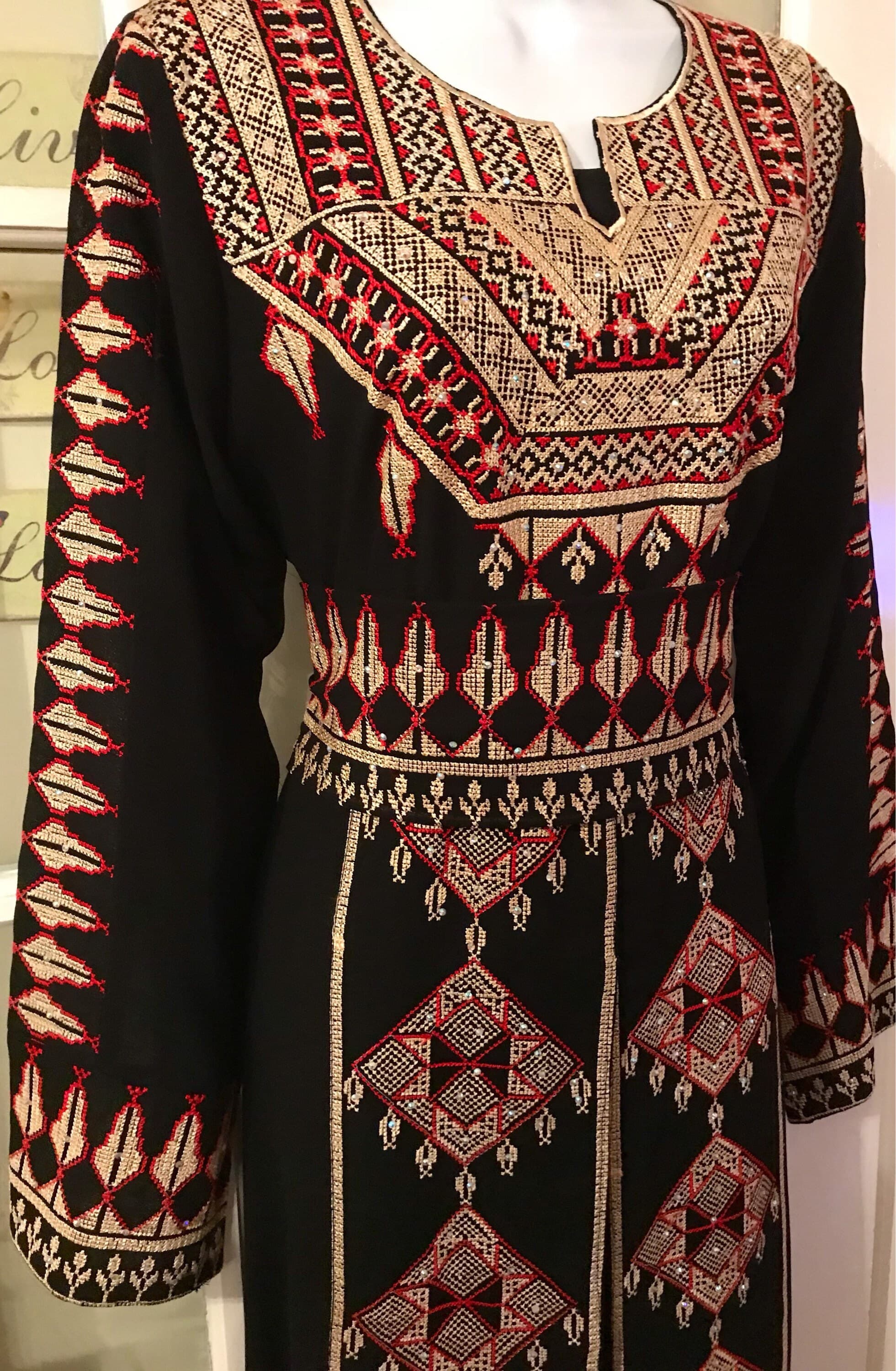 2 Piece Black Dress/ Abaya/ Kaftan/ Thobe and matching belt with beautiful gold and red embroidery - image 3