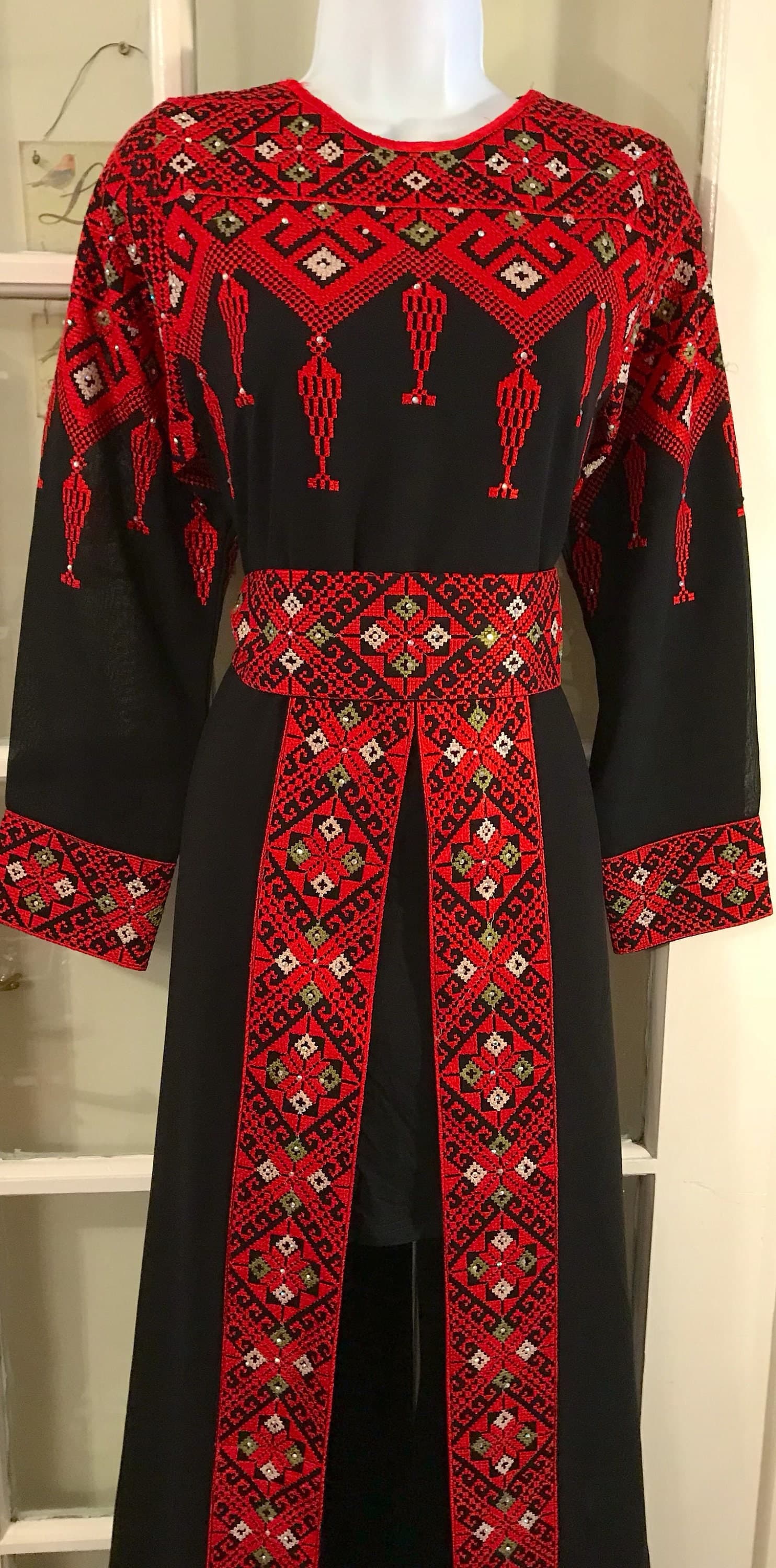 2 Piece Black Dress/ Abaya/ Kaftan/ Thobe and matching belt with beautiful red and colourful embroidery - image 3