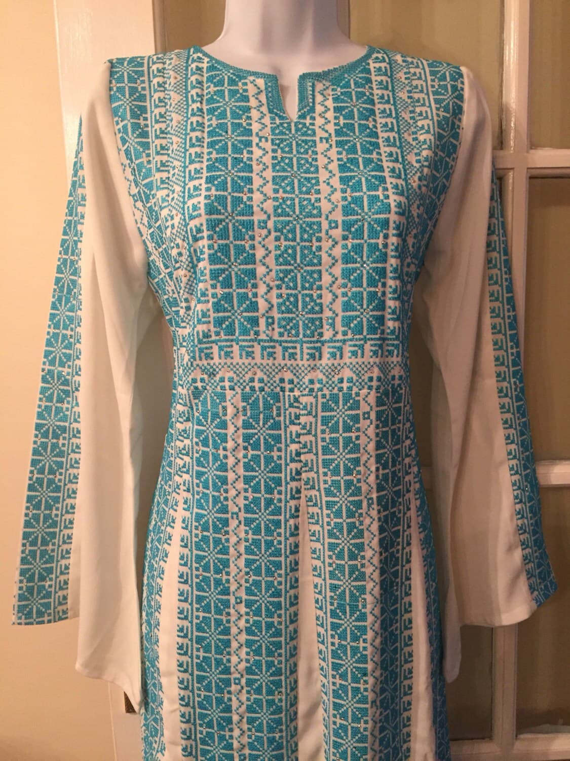 Stunning white dress / thobe / Abbaya / Kaftan with light blue plaestinian embroidery - image 5