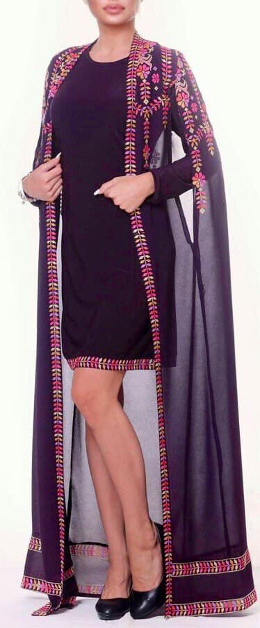 Short purple dress and cape with colourful Embroidery / cross stitch - image 3
