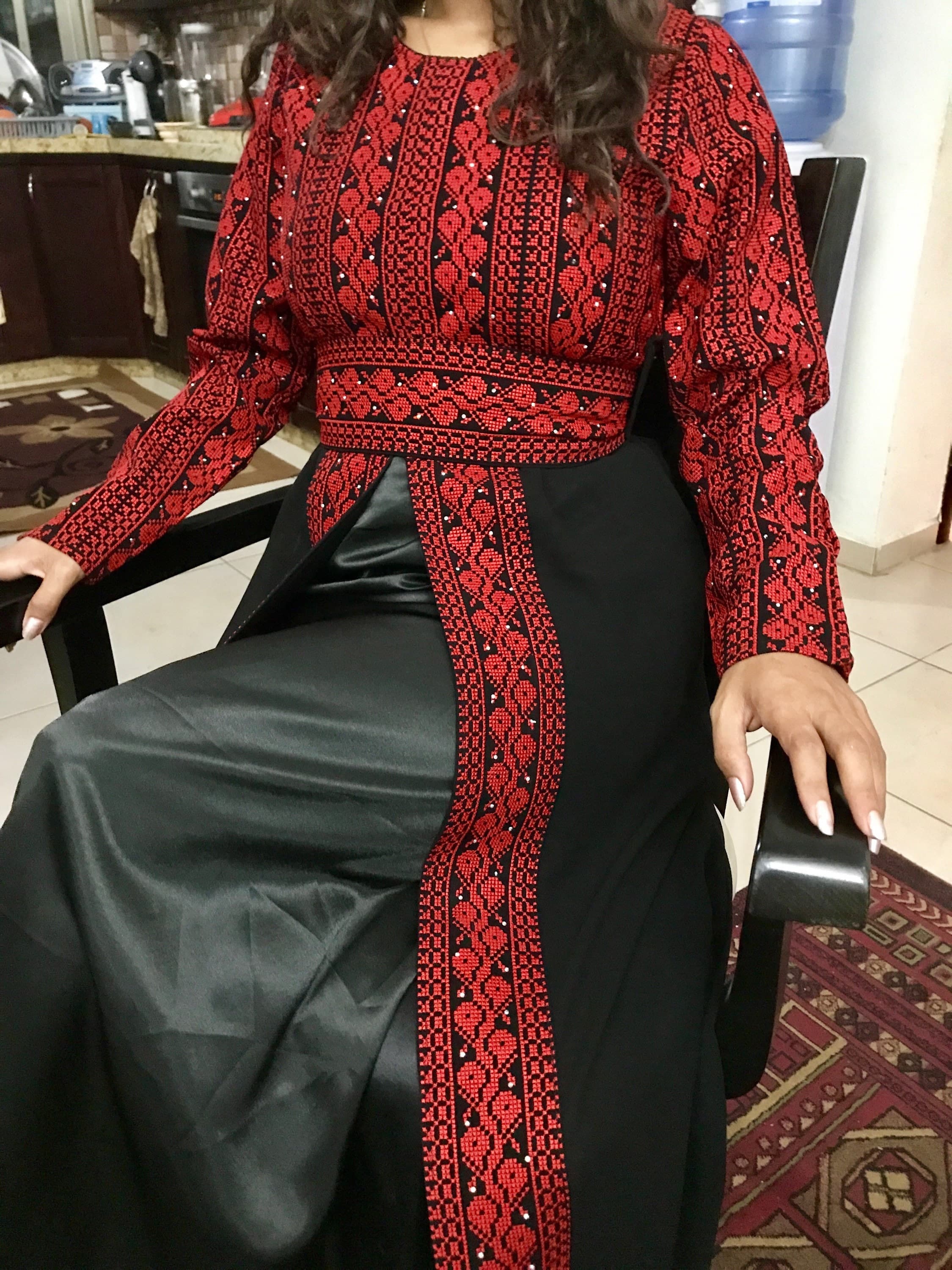 Stunning black dress / abbaya / kaftan/ thobe with red Palestinian embroidery / cross stitch