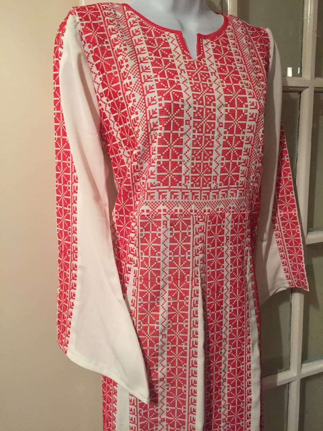 Stunning white dress / thobe / Abbaya / Kaftan with Red plaestinian embroidery - image 3