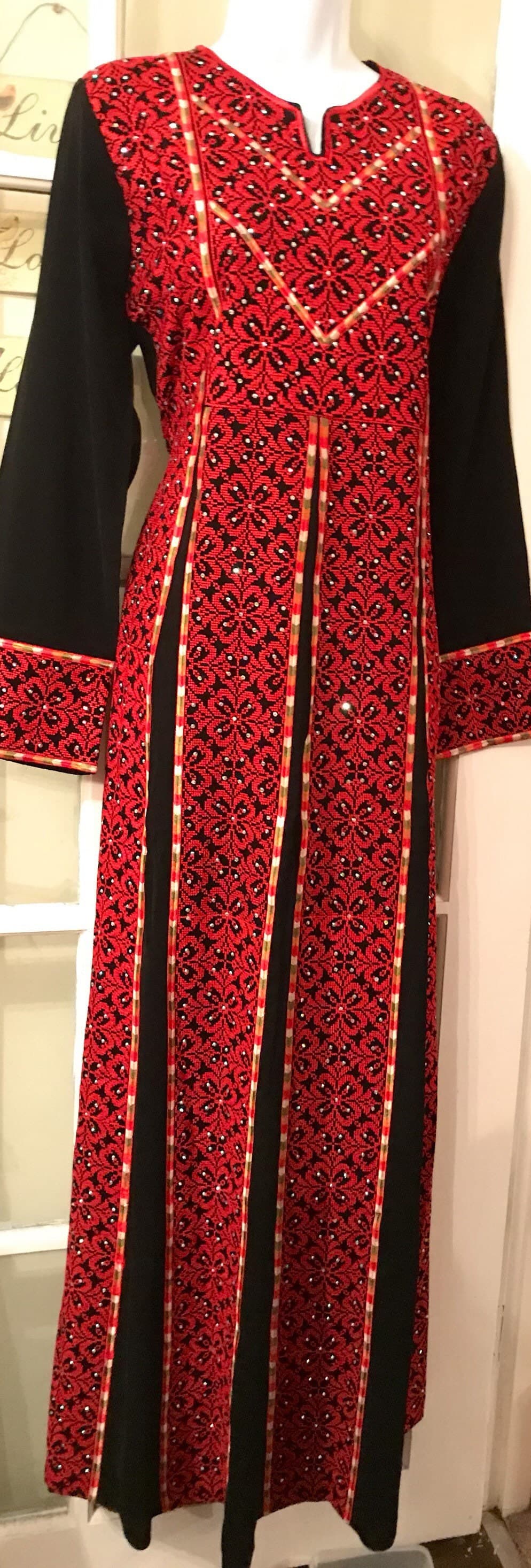 Black Dress /Thobe /Abayah / Kaftan with beautiful red & colourful Palestinian Embroidery /Cross Stitch - image 5