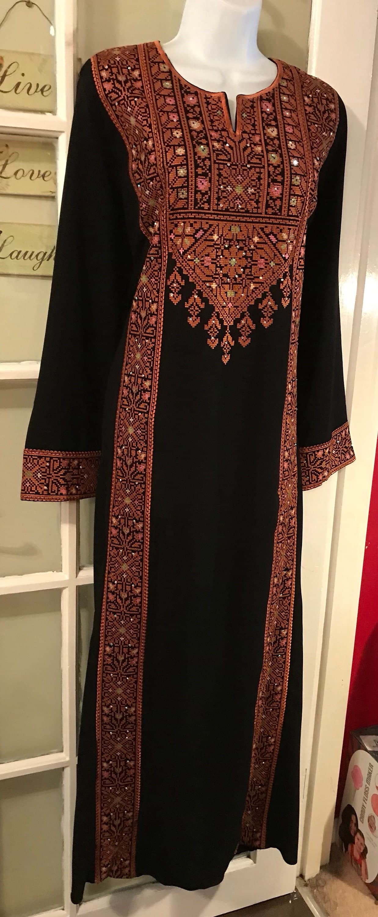 Black dress / Tobe / Thobe / Kaftan with Brown and colourful Palestinian embroidery - image 4